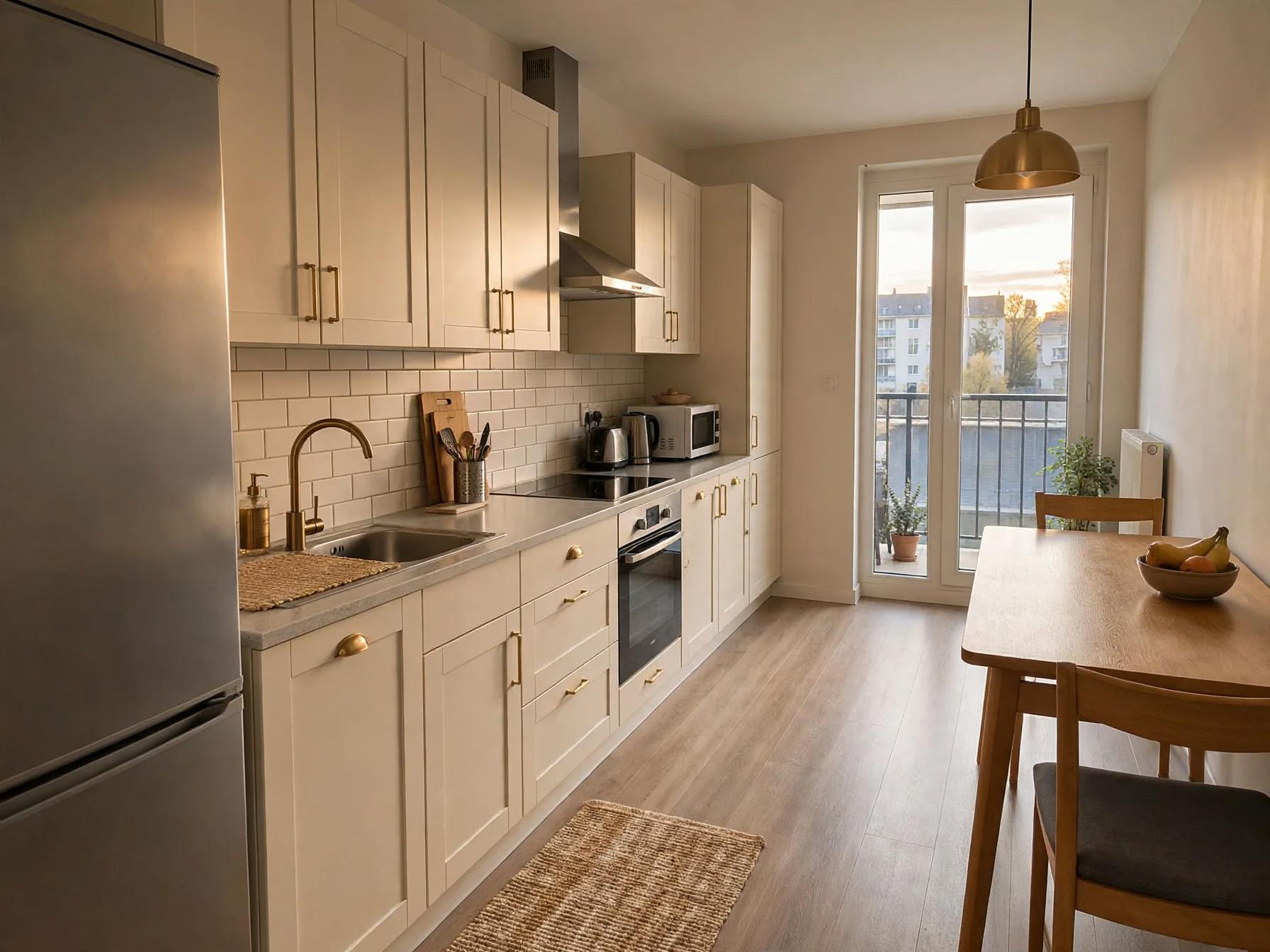 Same kitchen with cream shaker cabinets, white subway tile backsplash, brass hardware, brass pendant light and woven runner.
