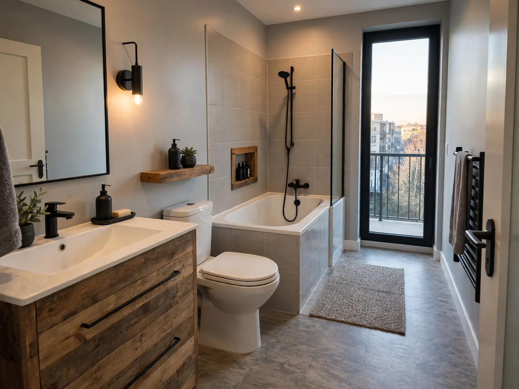 Industrial bathroom after AI restyle by Renovaitor: Black-framed balcony door anchors industrial bathroom restyle