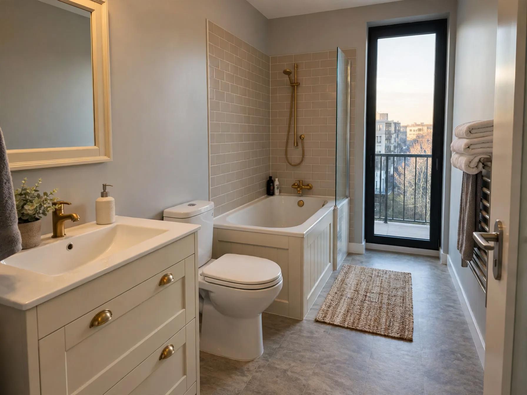 Traditional bathroom after AI restyle by Renovaitor: Gold fixtures and paneled bath front brighten narrow traditional bathroom