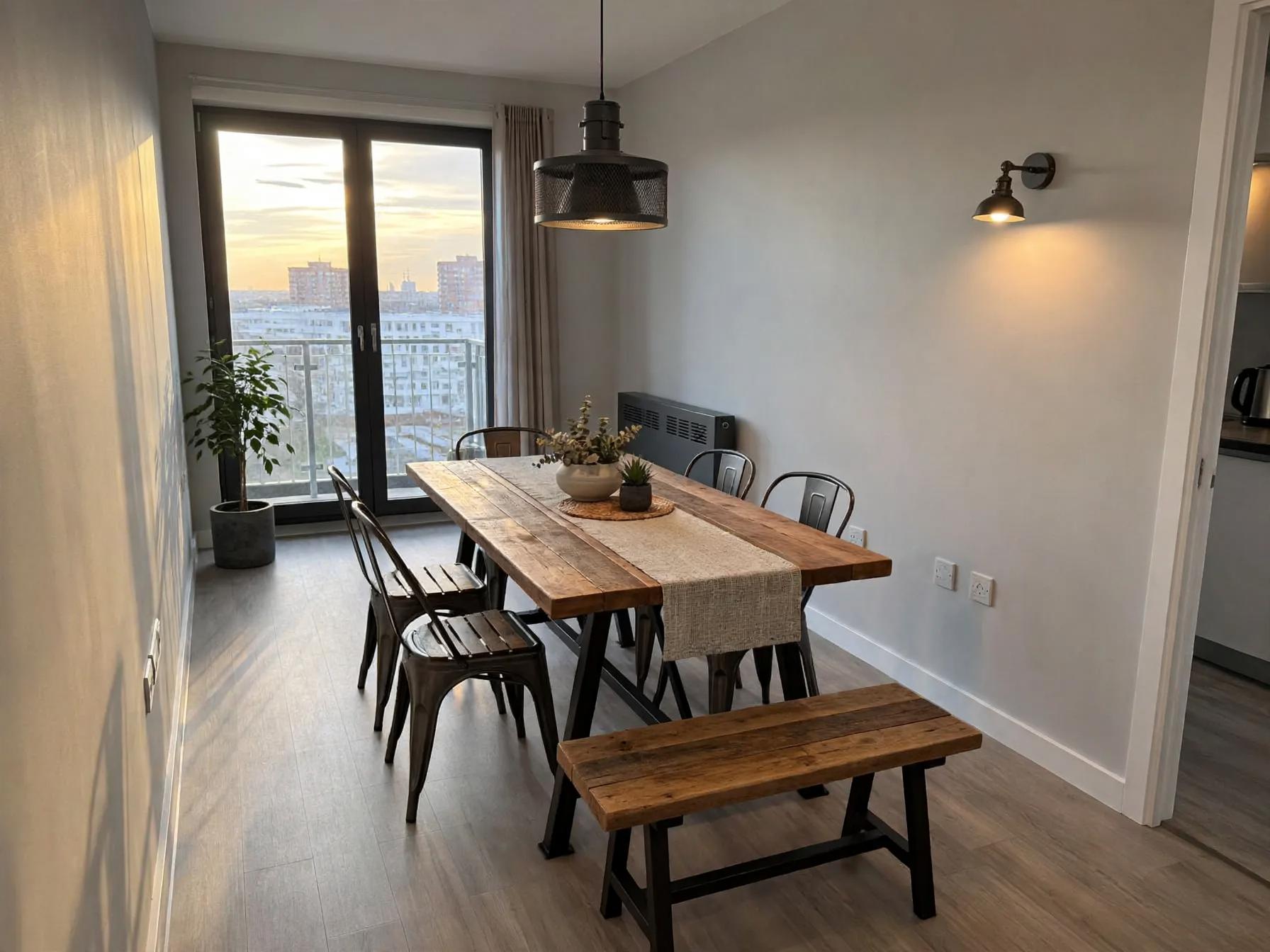 Industrial dining room after AI restyle by Renovaitor: Reclaimed-wood trestle table anchors narrow industrial dining space