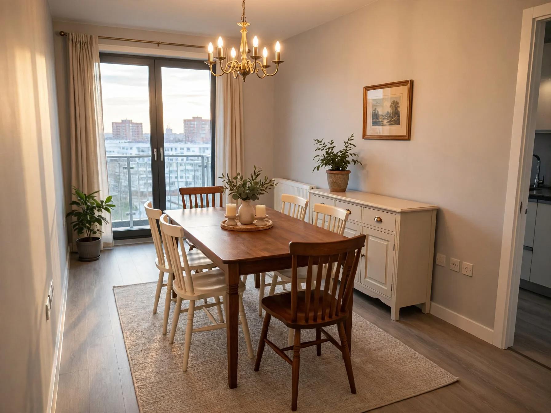 Traditional dining concept with cream sideboard on right, chandelier, neutral rug, mixed lighter chairs and framed artwork