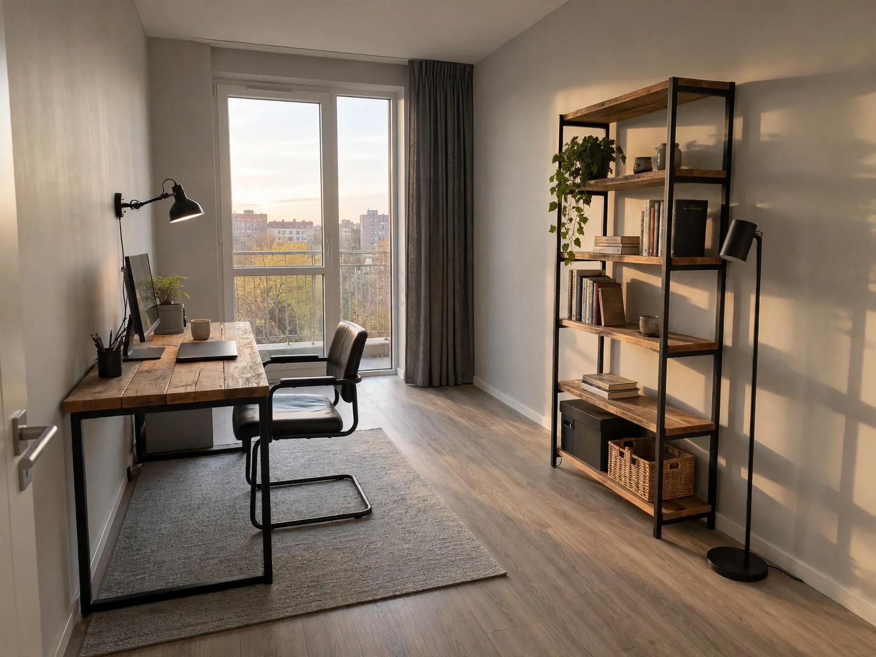 Industrial home office after AI restyle by Renovaitor: Industrial shelving and reclaimed-wood desk in a compact home office