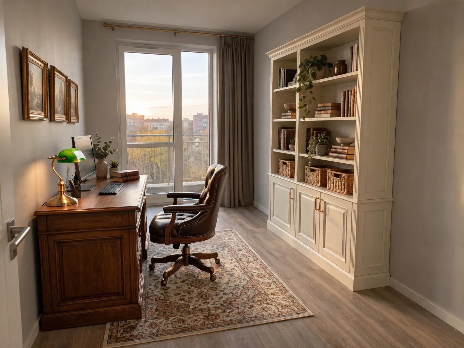 Traditional home office after AI restyle by Renovaitor: Sunlit narrow home office with classic white bookcase and leather chair