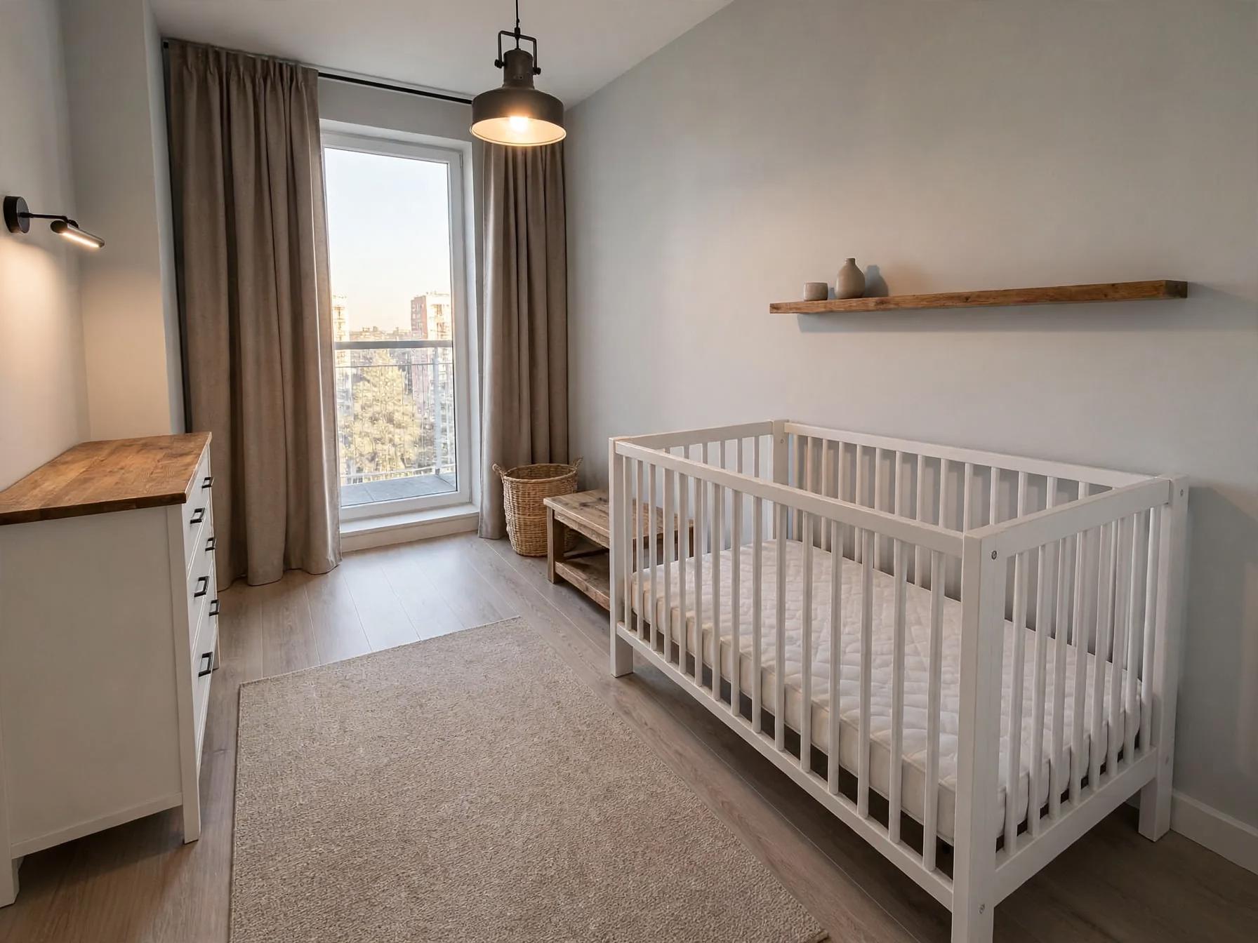 Industrial nursery after AI restyle by Renovaitor: White crib with wood accents and new pendant light in nursery