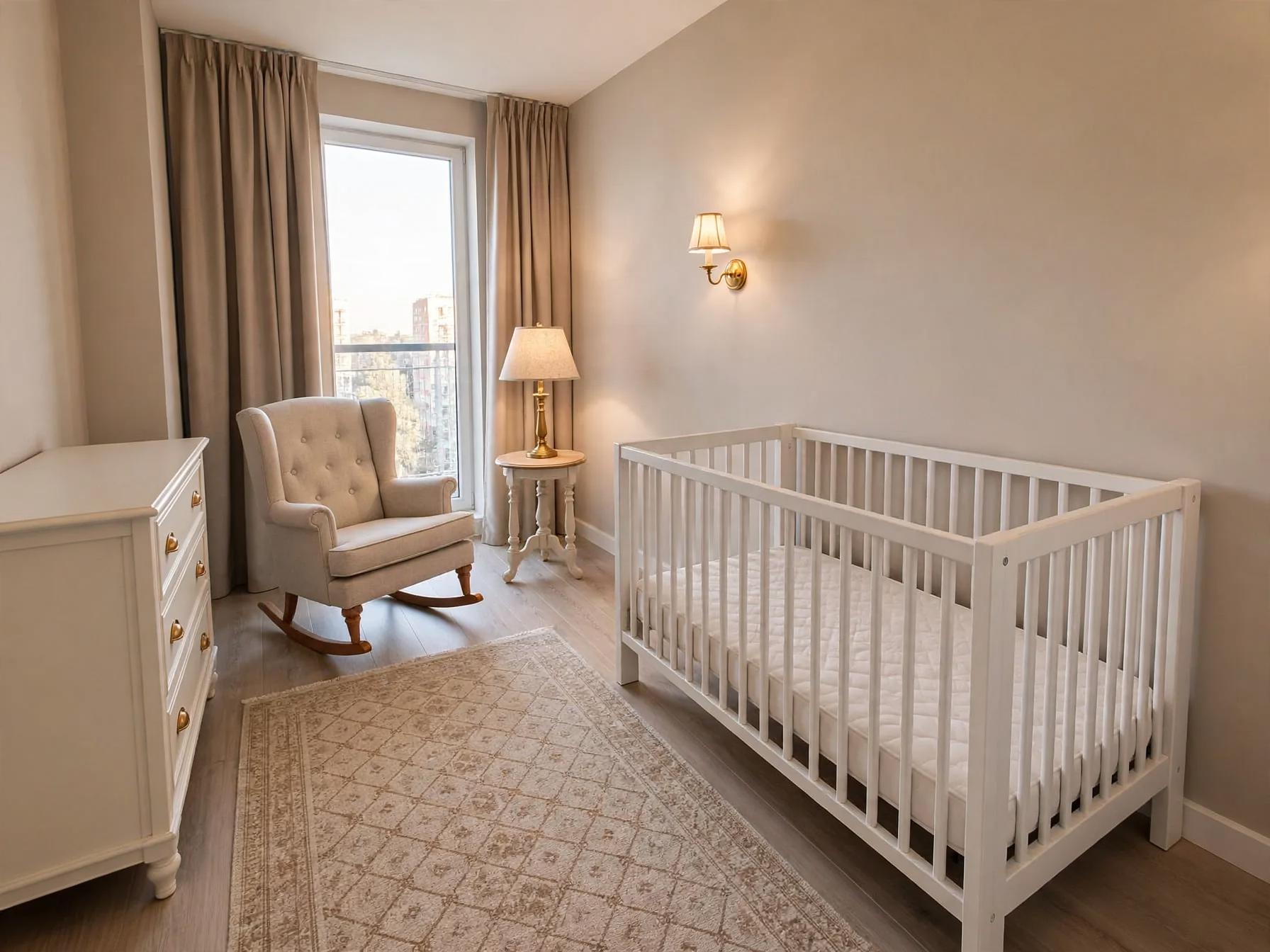 Traditional nursery after AI restyle by Renovaitor: Tall window with taupe drapes anchors a traditional nursery layout
