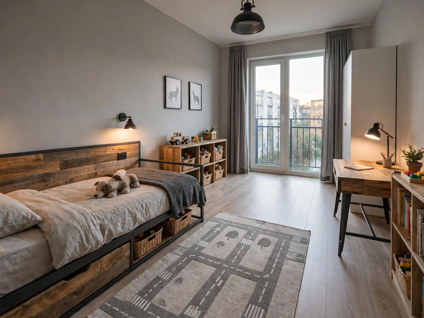 Industrial kids room after AI restyle by Renovaitor: Reclaimed-wood headboard anchors neutral kids room restyle