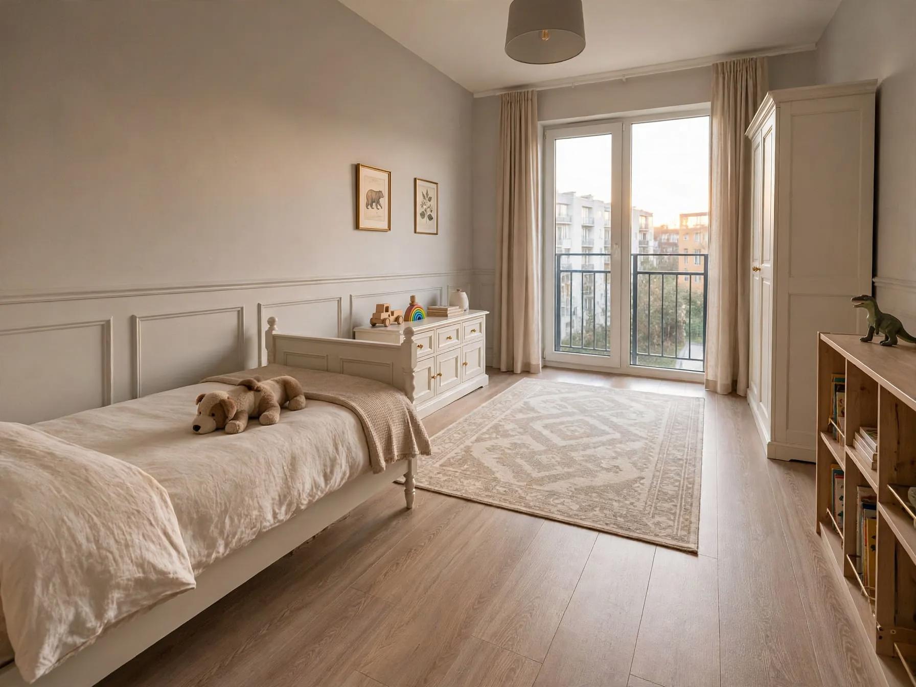 Traditional-styled kids-room with beige panel moulding, turned-leg bed, carved storage chest at foot, lighter patterned rug and tall wardrobe