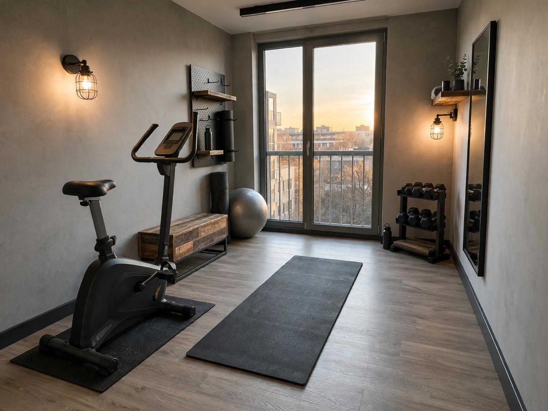 Industrial home gym after AI restyle by Renovaitor: Industrial home-gym with warm cage sconces and pegboard storage