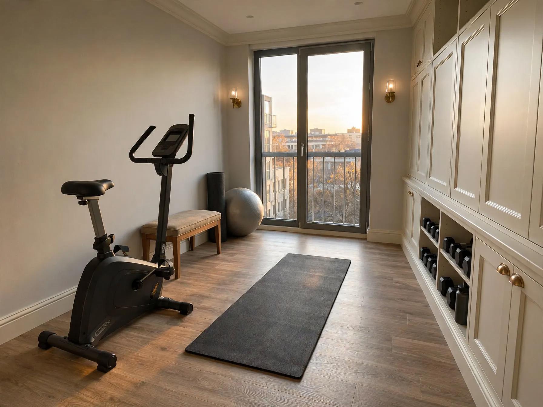 Traditional home gym after AI restyle by Renovaitor: Built-in cream cabinetry along the right wall in home gym