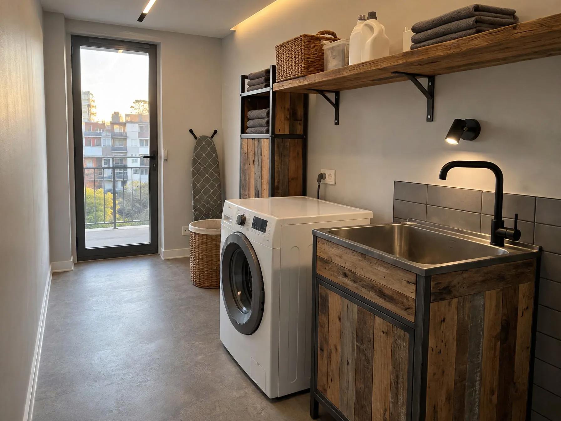 Industrial laundry room after AI restyle by Renovaitor: Reclaimed-wood utility sink and open shelving in narrow laundry