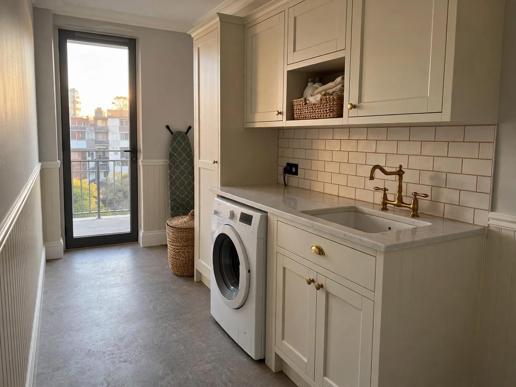 Traditional laundry room after AI restyle by Renovaitor: Brass faucet and shaker cabinets brighten narrow laundry room