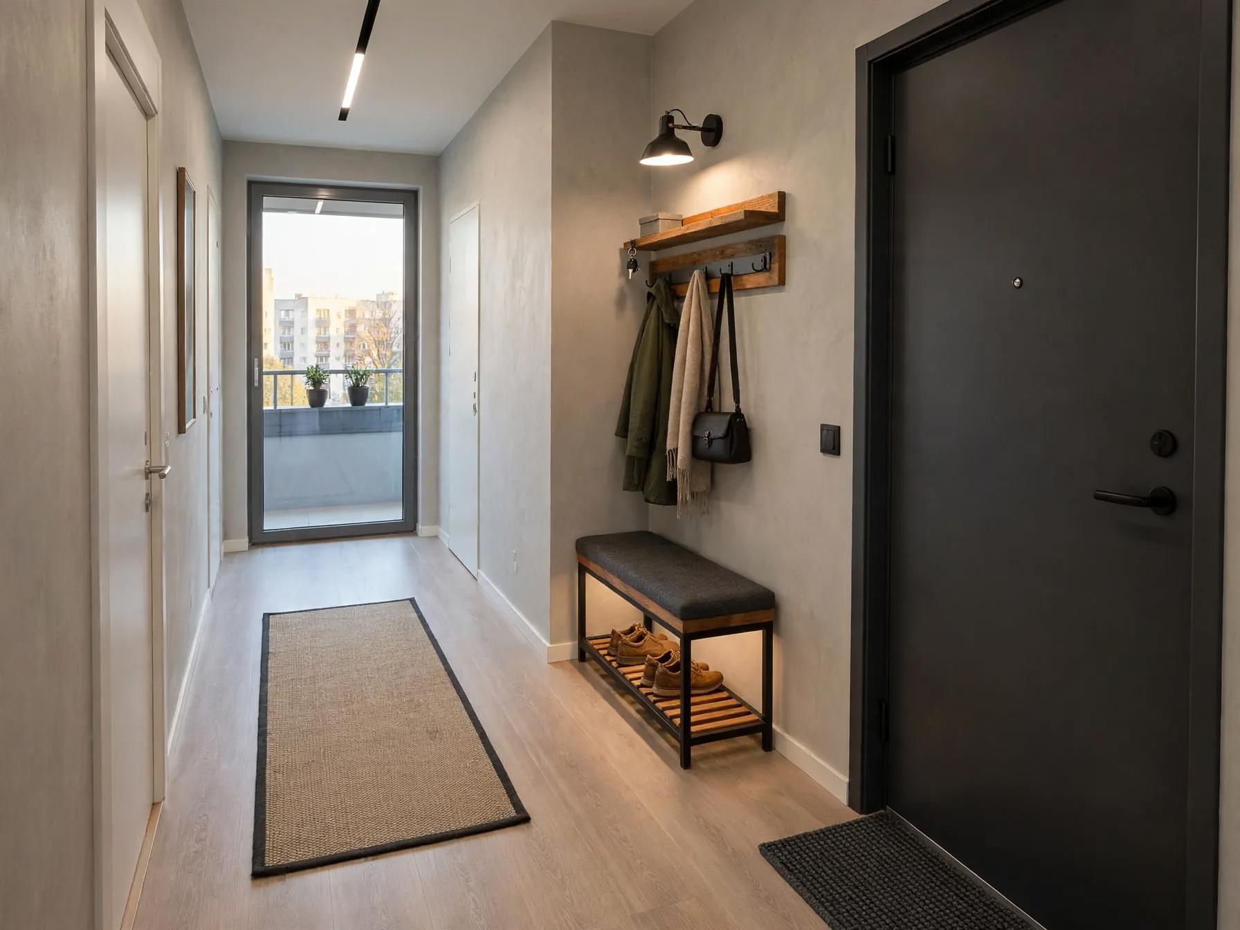 Industrial entryway after AI restyle by Renovaitor: Black entry door and wood bench anchor a narrow industrial entryway