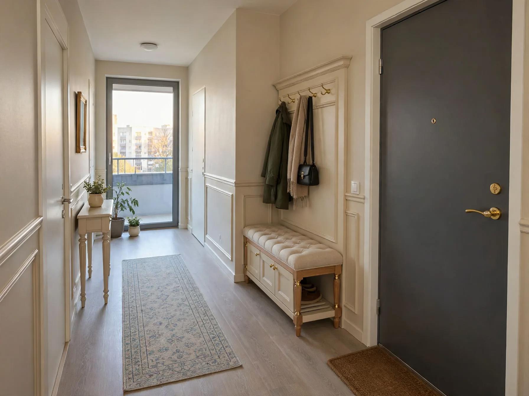 Traditional entryway after AI restyle by Renovaitor: Tufted storage bench and classic wall paneling brighten the entryway