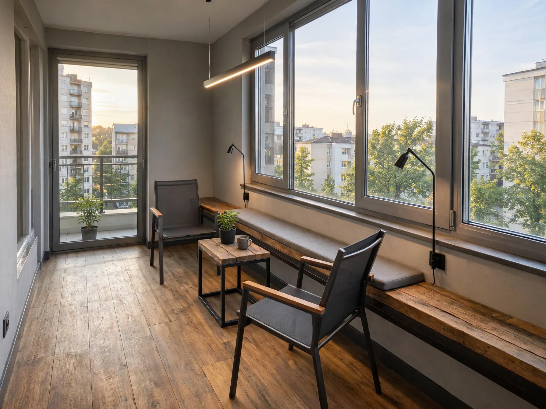 Industrial sunroom after AI restyle by Renovaitor: Long bench and warm wood floor transform narrow sunroom