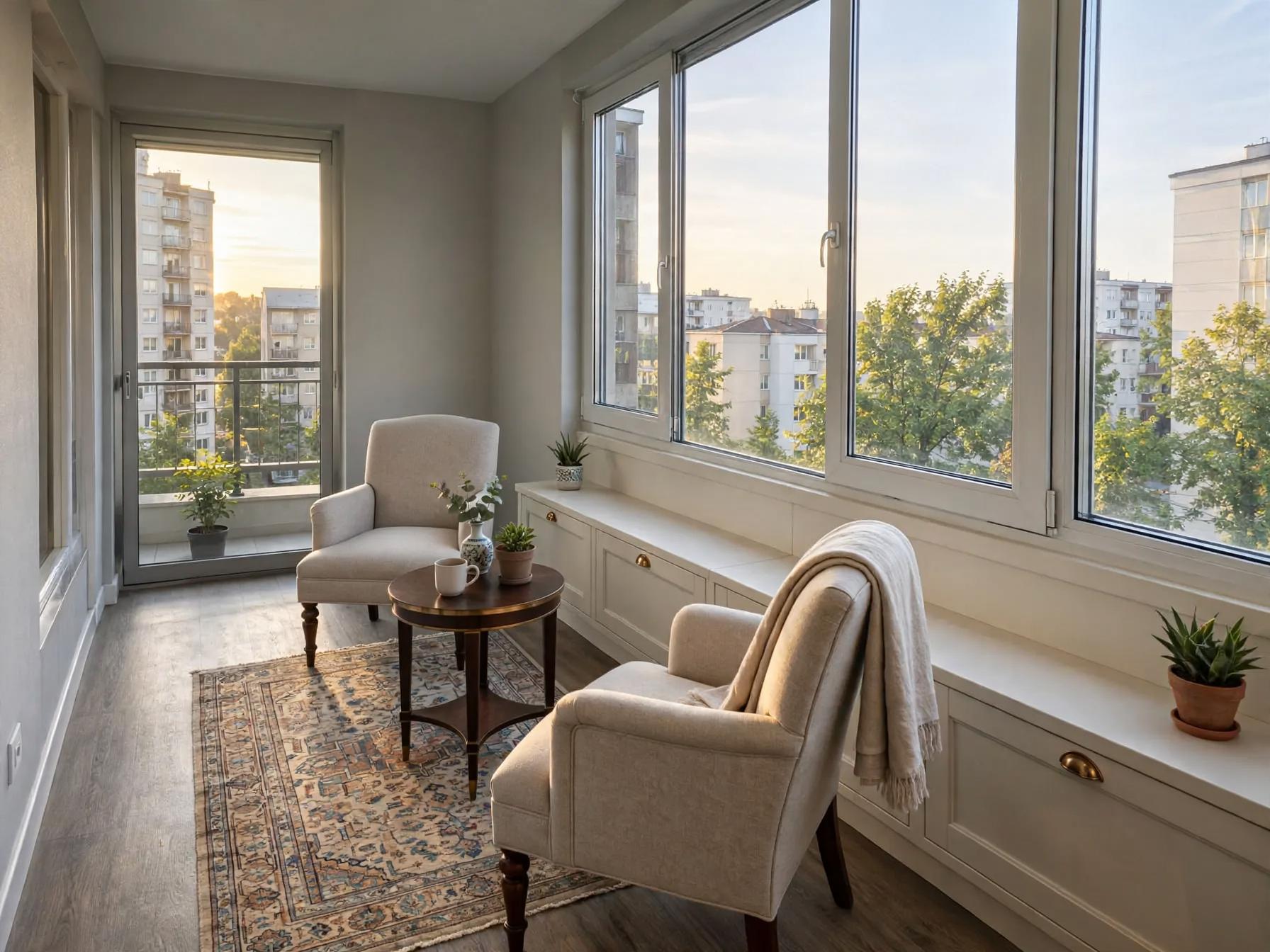 Traditional sunroom after AI restyle by Renovaitor: Long window bench with built-in storage defines this sunroom retreat