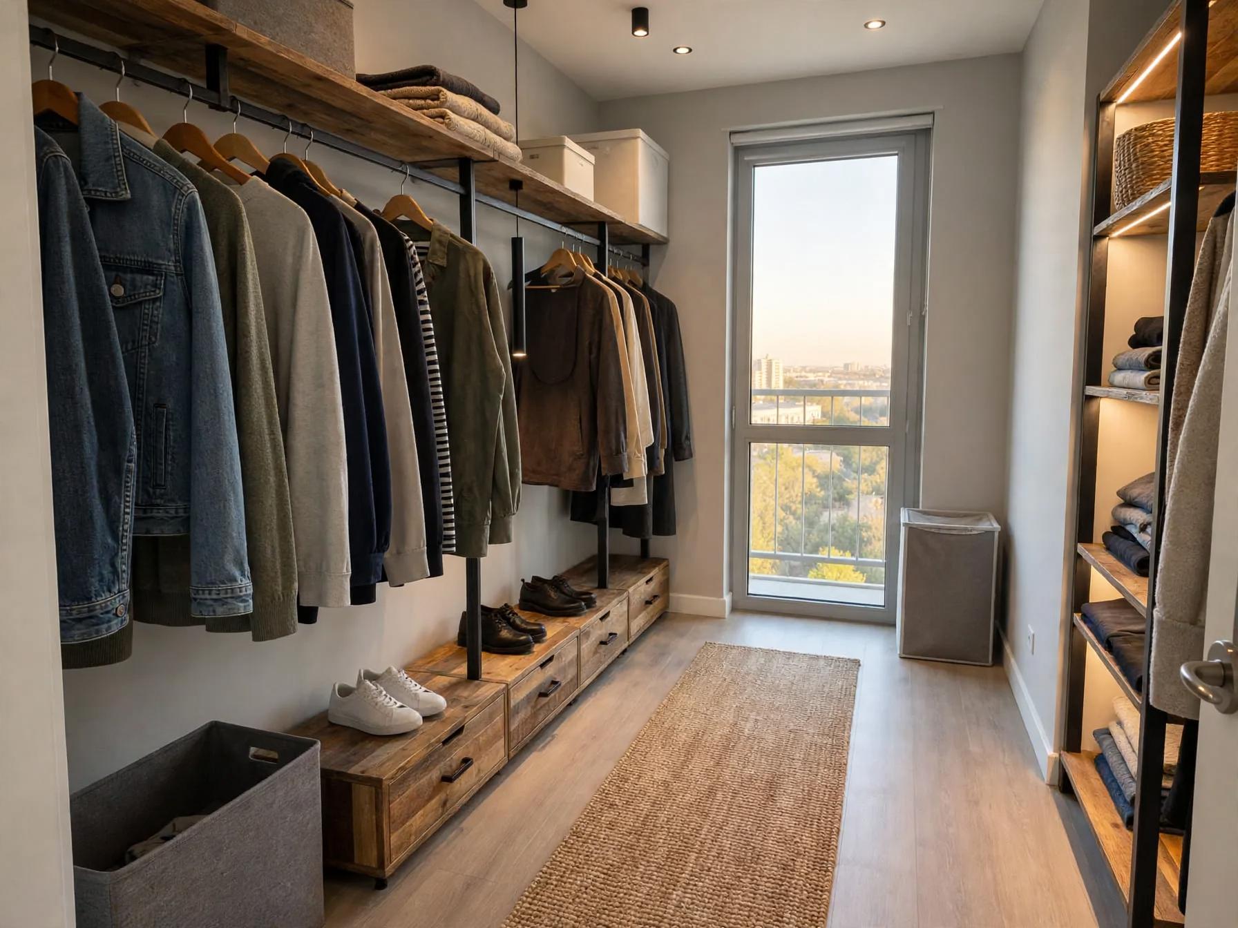 Industrial walk in closet after AI restyle by Renovaitor: Floor-to-ceiling window and reclaimed wood shelving in walk-in closet