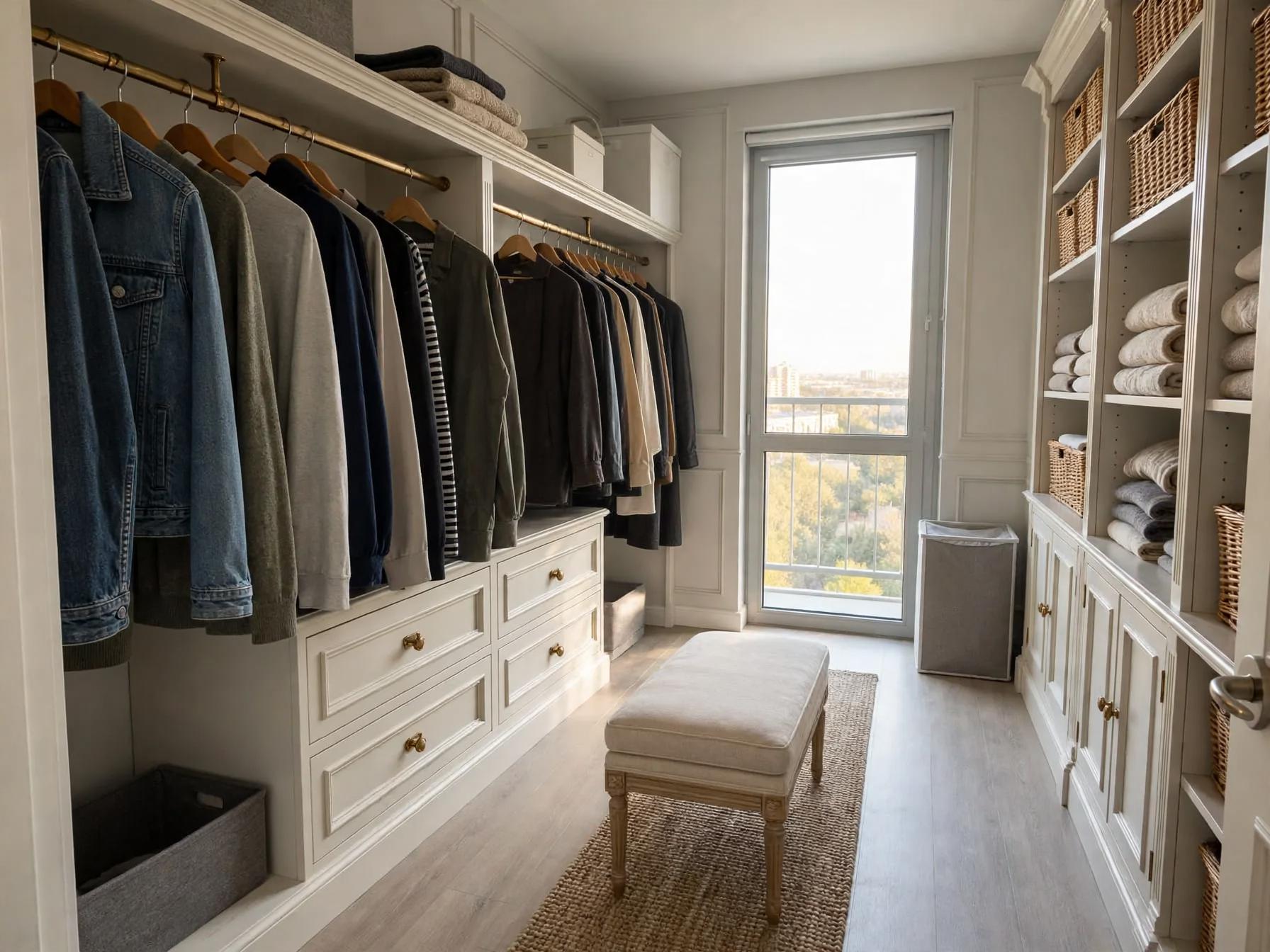 Traditional walk in closet after AI restyle by Renovaitor: Built-in cream cabinetry and brass rod in narrow walk-in closet