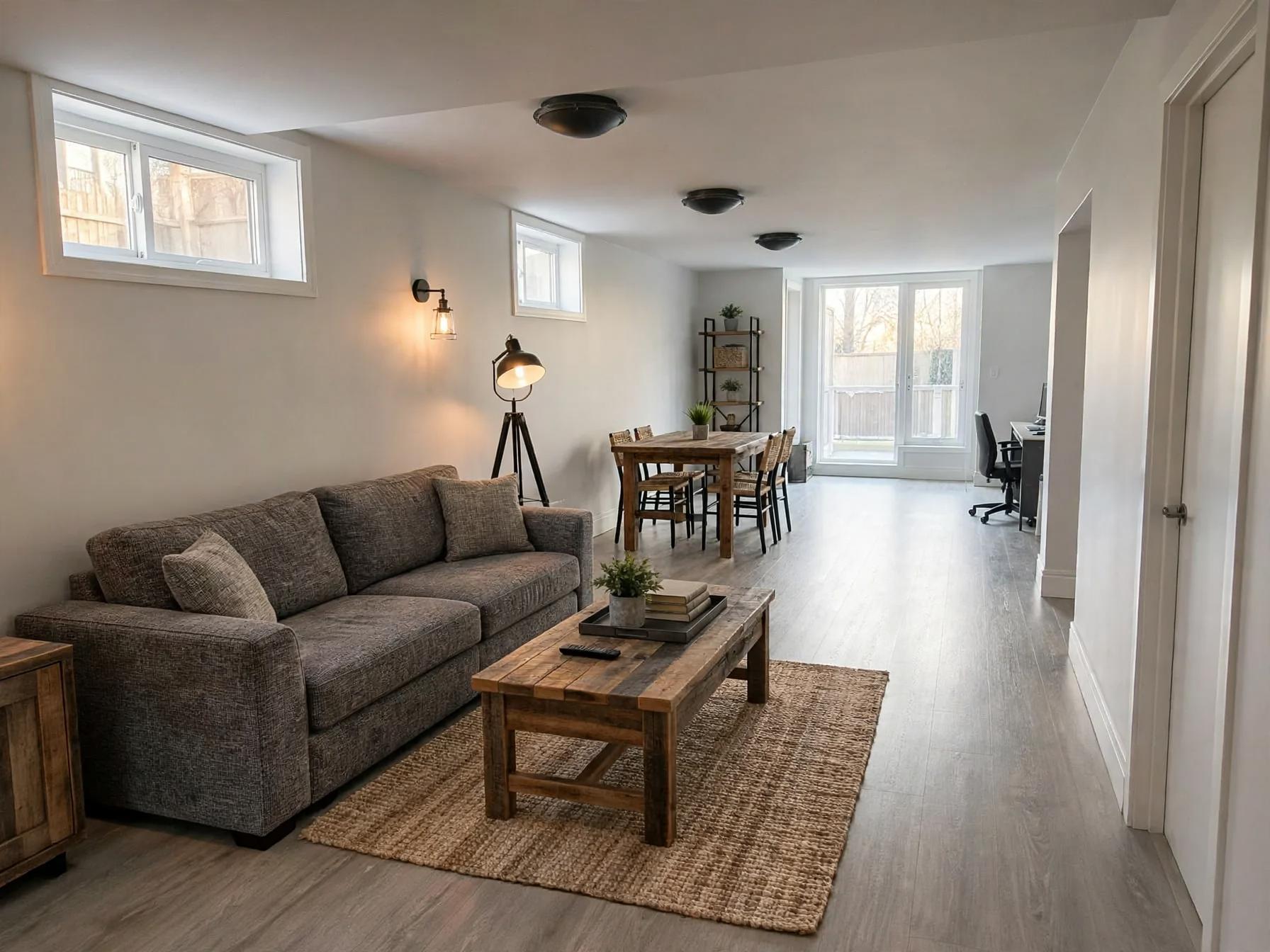 Industrial basement after AI restyle by Renovaitor: Textured jute rug and reclaimed-wood coffee anchor the basement space
