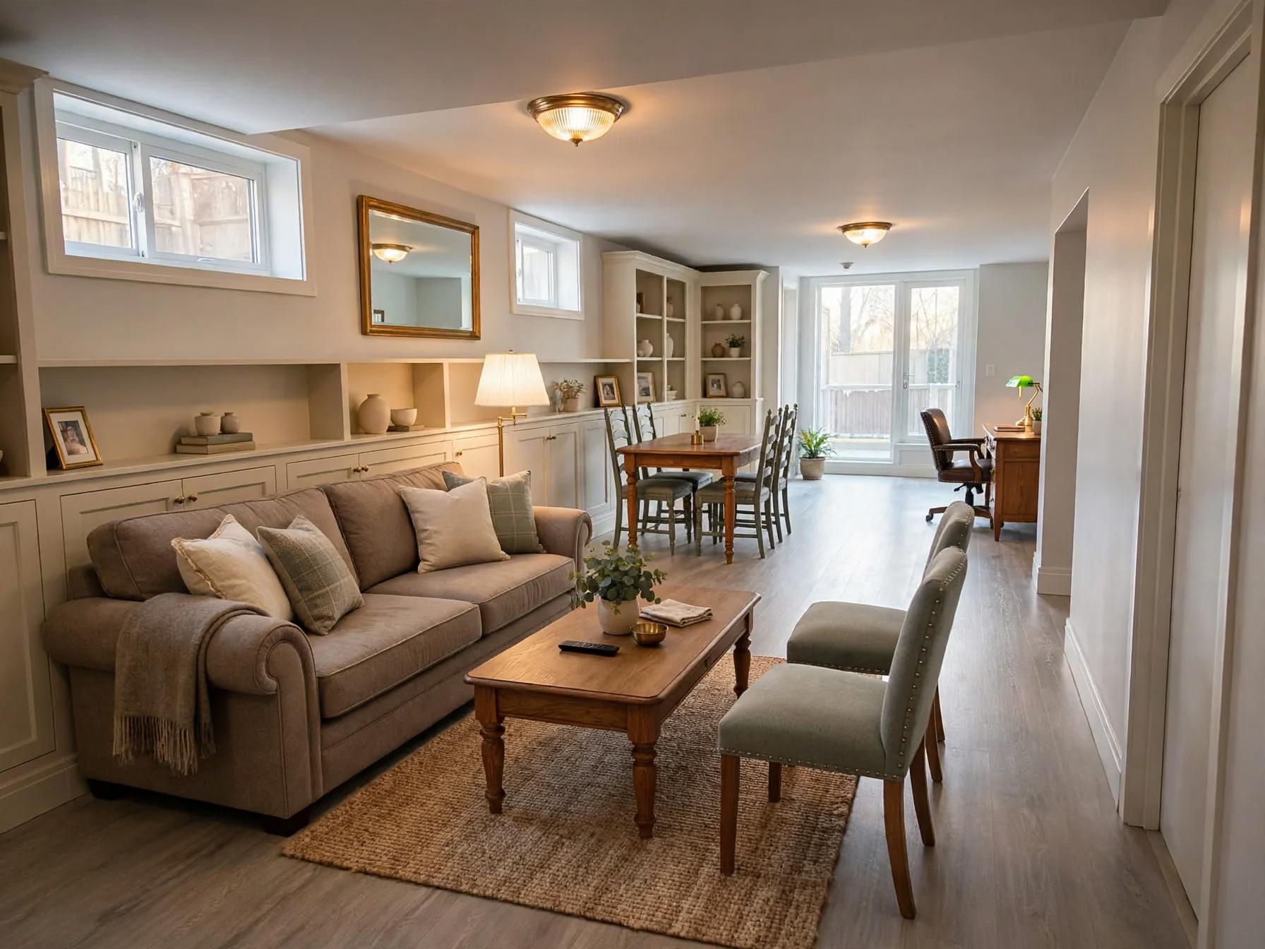 Traditional basement after AI restyle by Renovaitor: Built-in lower cabinetry and sofa-focused layout in basement living area