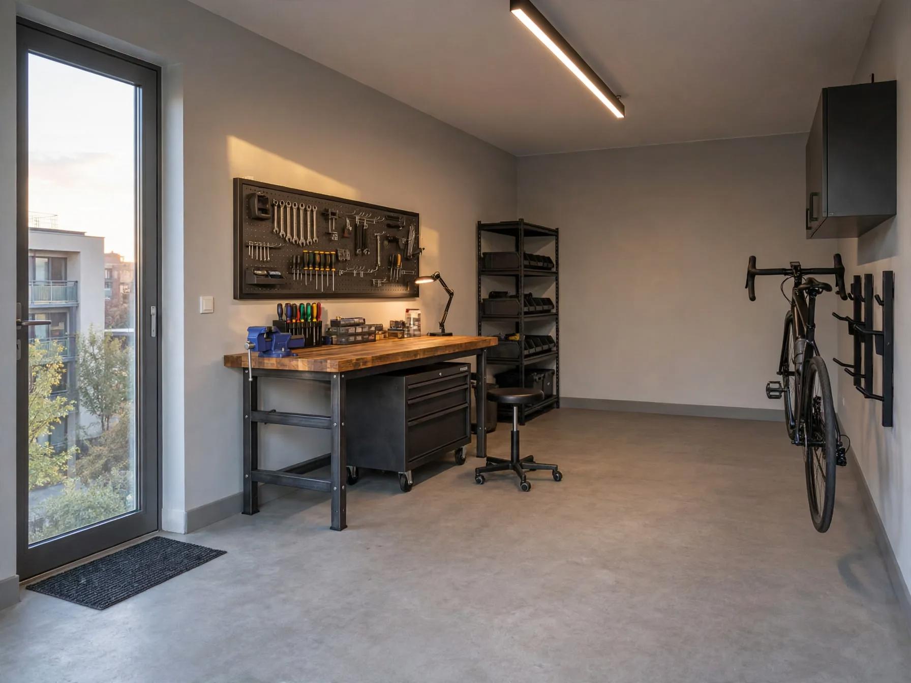 Industrial garage after AI restyle by Renovaitor: Wall-mounted bike and butcher-block workbench transform compact garage