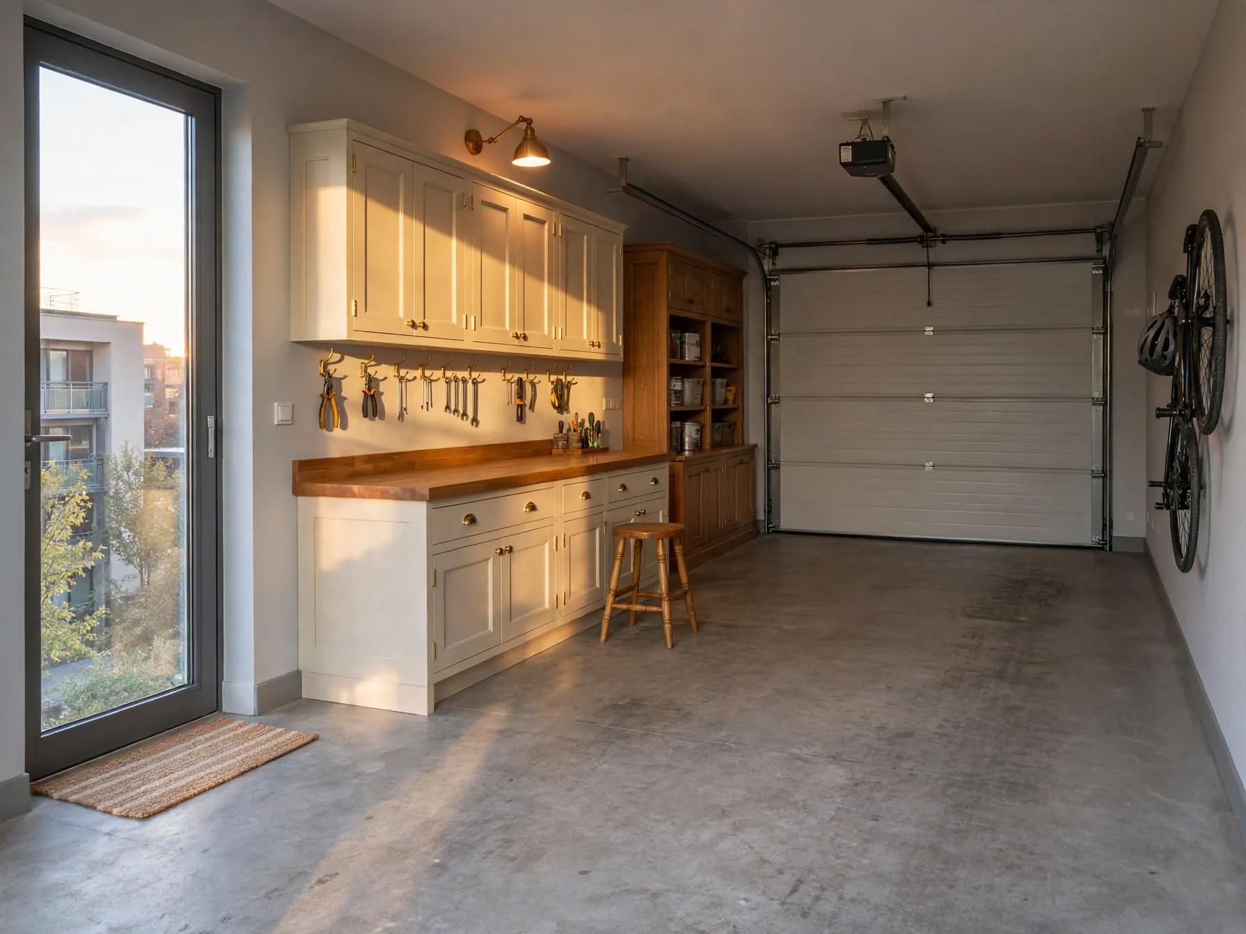Traditional garage after AI restyle by Renovaitor: Sunlit traditional garage with built-in cabinets and wood counter