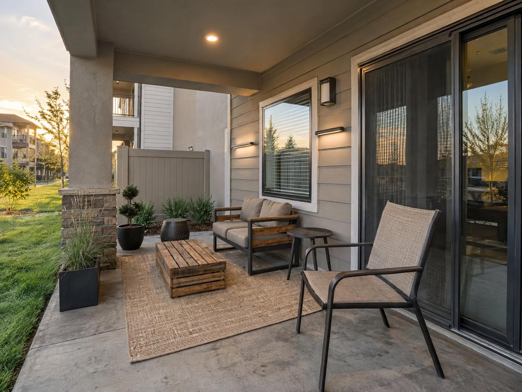 Covered patio with added wood-framed loveseat, jute rug, pallet coffee table, planters by the column and horizontal wall lights beside the window