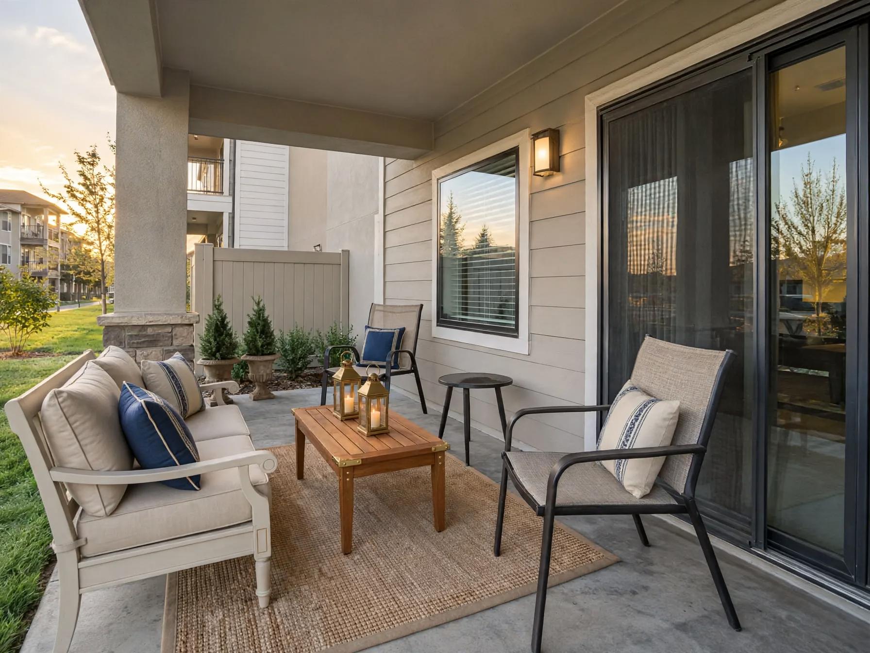 Traditional outdoor after AI exterior redesign by Renovaitor: Cozy covered patio with stone column and sliding glass door