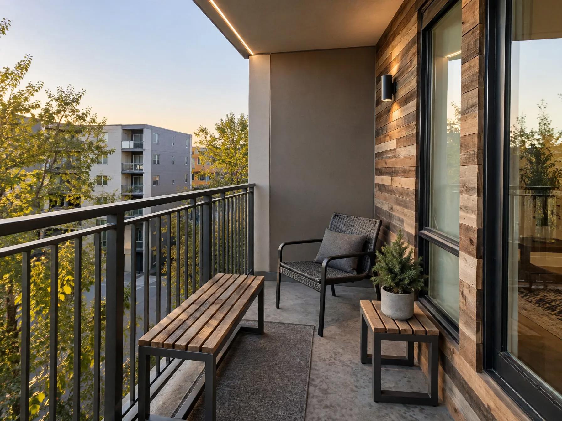 Industrial outdoor after AI exterior redesign by Renovaitor: Reclaimed wood accent wall — Cozy industrial balcony makeover