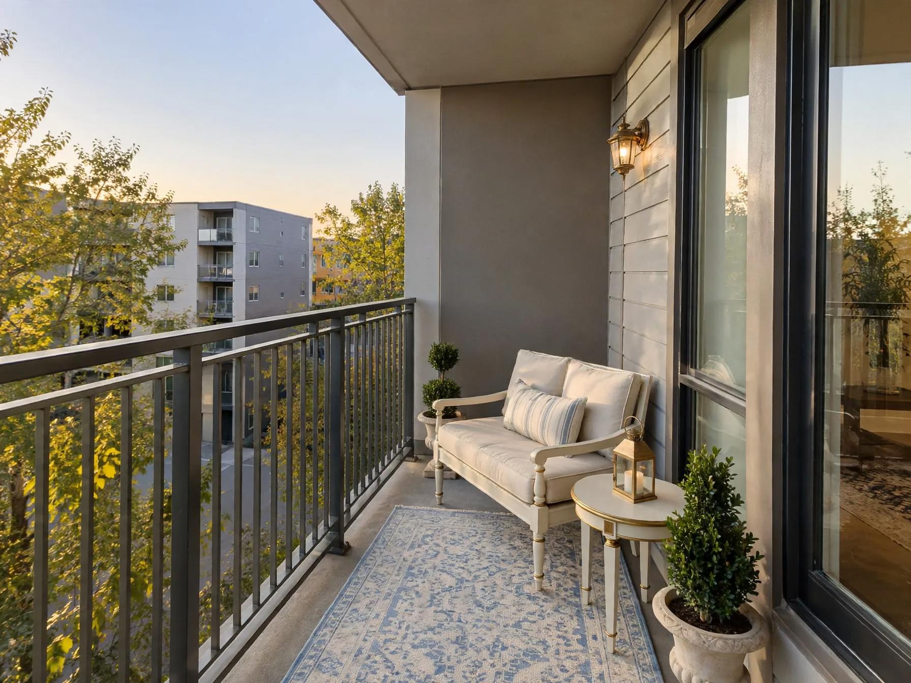 Traditional outdoor after AI exterior redesign by Renovaitor: Narrow balcony with gray siding softened by a linen bench and rug