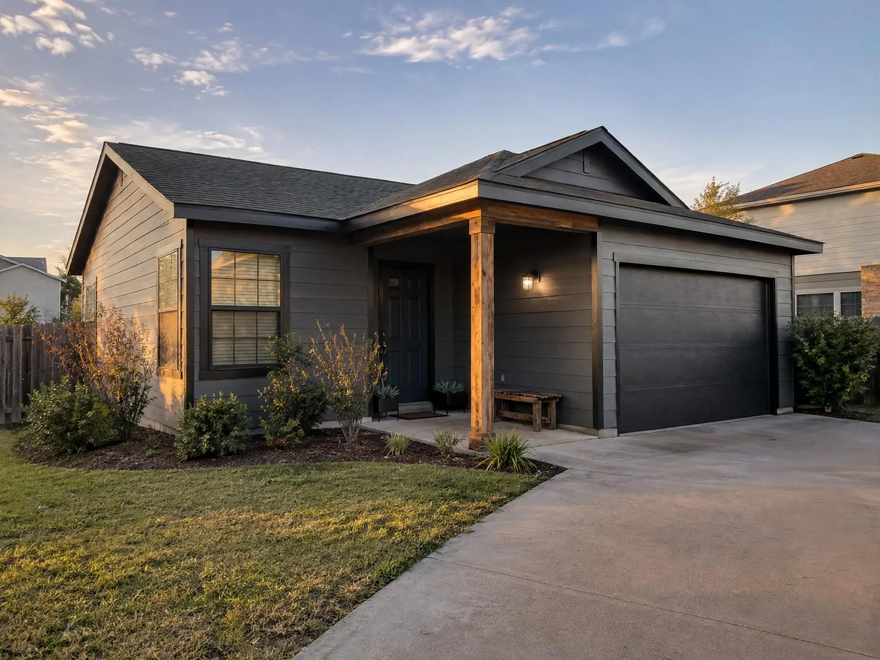 Industrial outdoor after AI exterior redesign by Renovaitor: Dark charcoal siding with warm wood porch post update