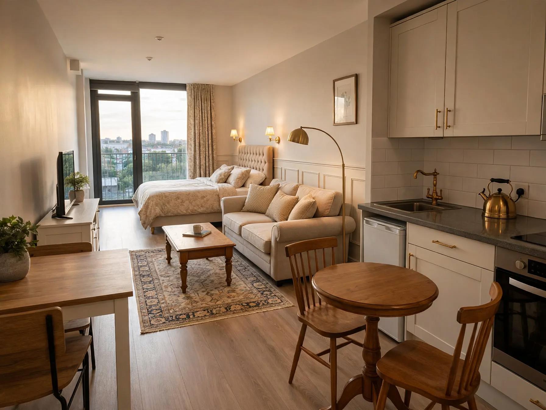 Same studio with tufted headboard, wall paneling, brass wall sconces, patterned rug, round wooden table and brass kitchen fittings.