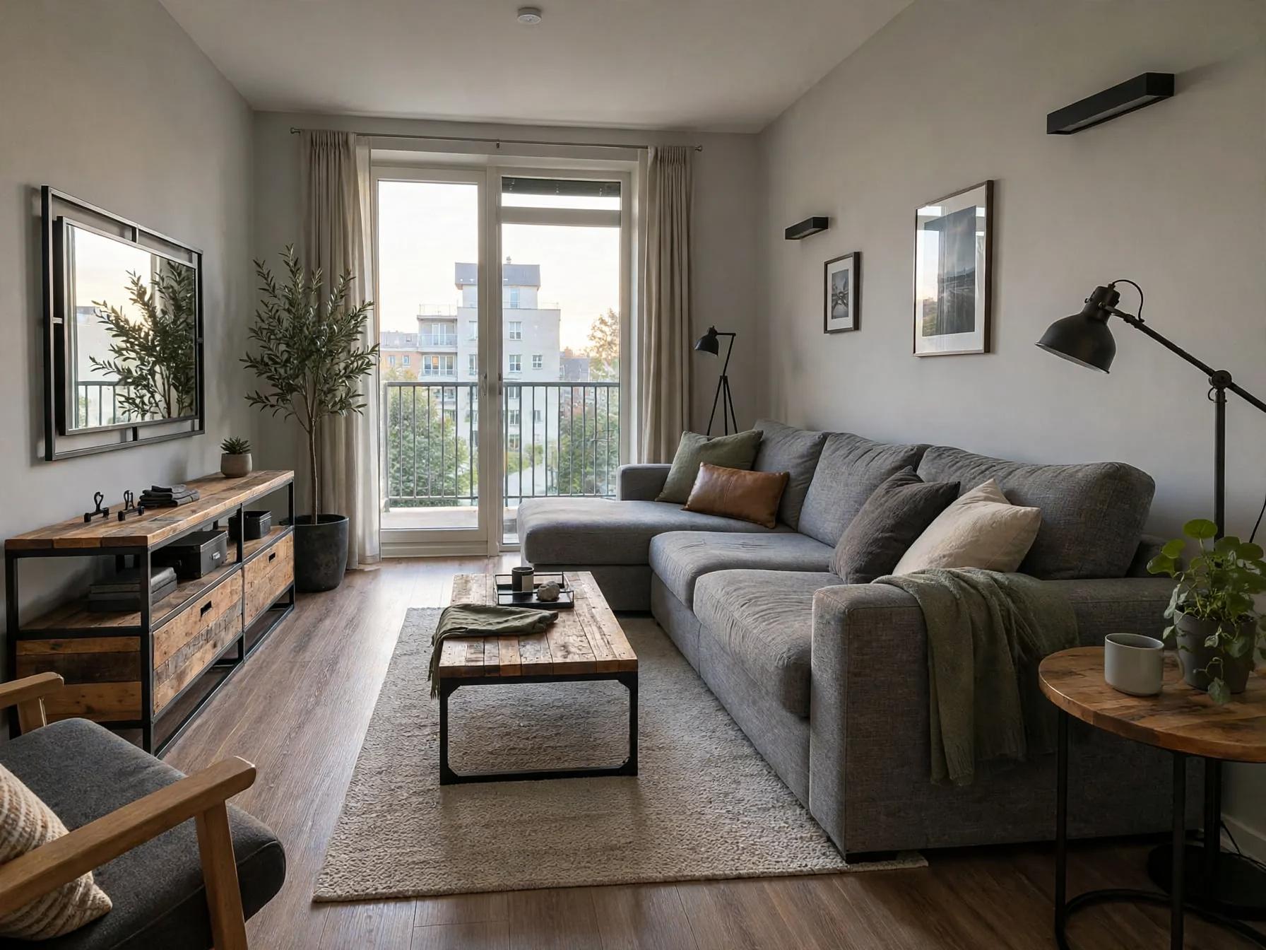 Industrial living room after AI restyle by Renovaitor: Floor-to-ceiling balcony doors anchor cozy industrial living room
