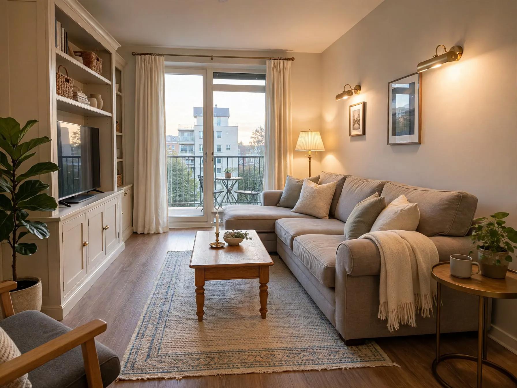 Traditional living room after AI restyle by Renovaitor: Built-in media cabinet anchors this cozy neutral living room