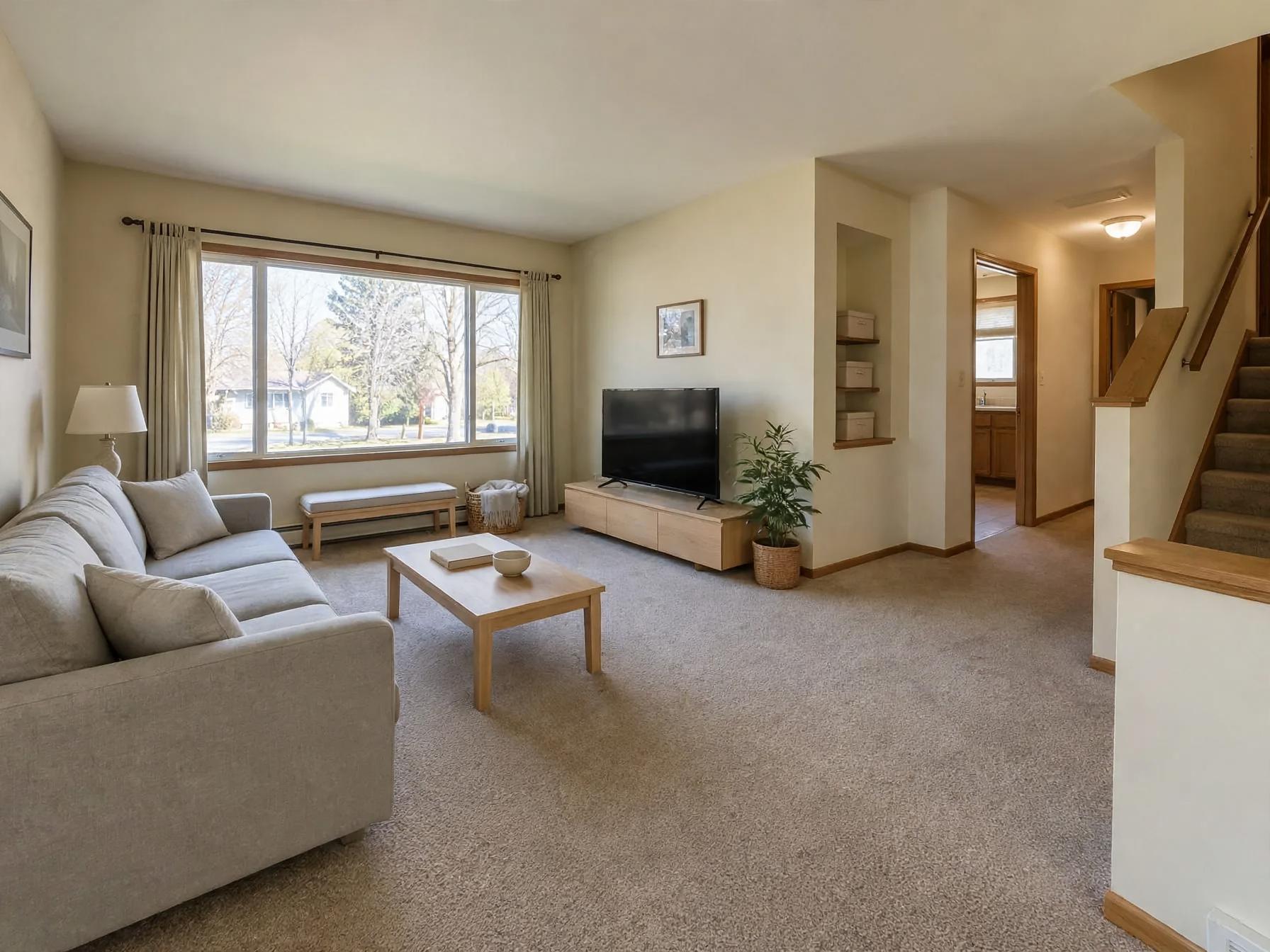 Minimalist living room after AI restyle by Renovaitor: Large picture window anchors a softened minimalist living room