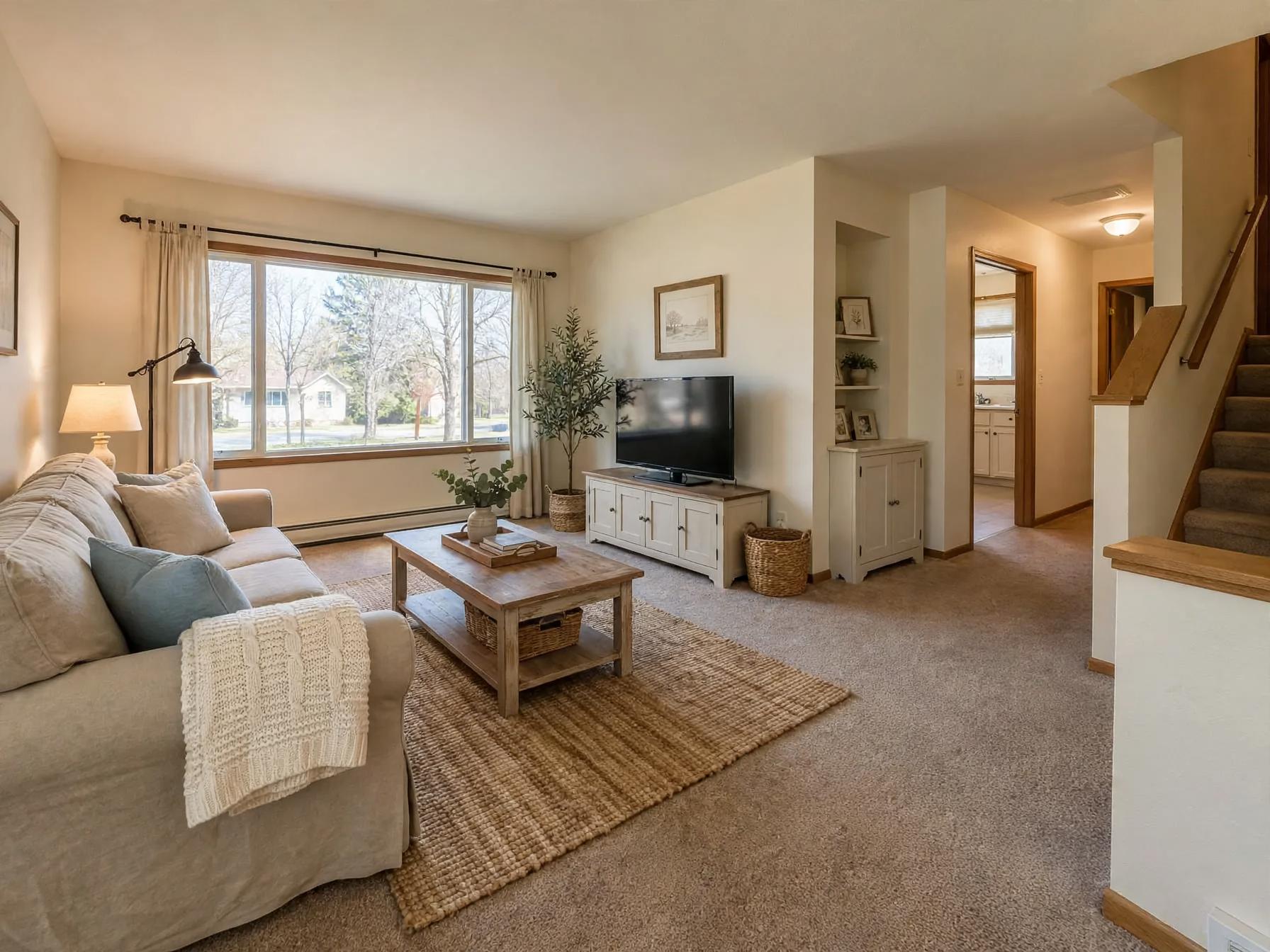Same living room with a woven jute rug, lighter painted TV console and cabinet in the niche, added floor lamp, knit throw and pillows, potted plant and woven basket.