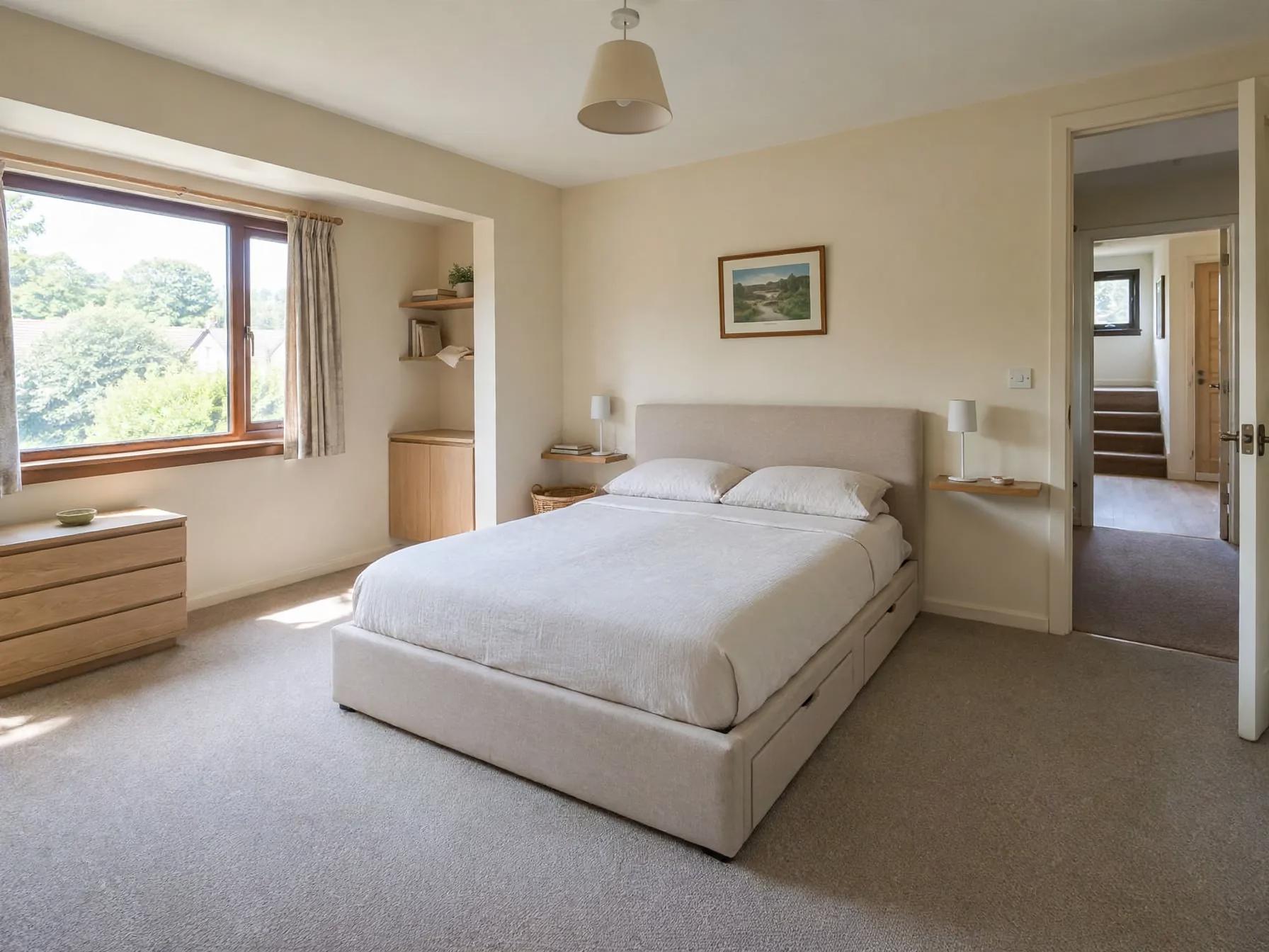 Minimalist bedroom after AI restyle by Renovaitor: Built-in shelving and soft-upholstered bed in a sunny split-level bedroom