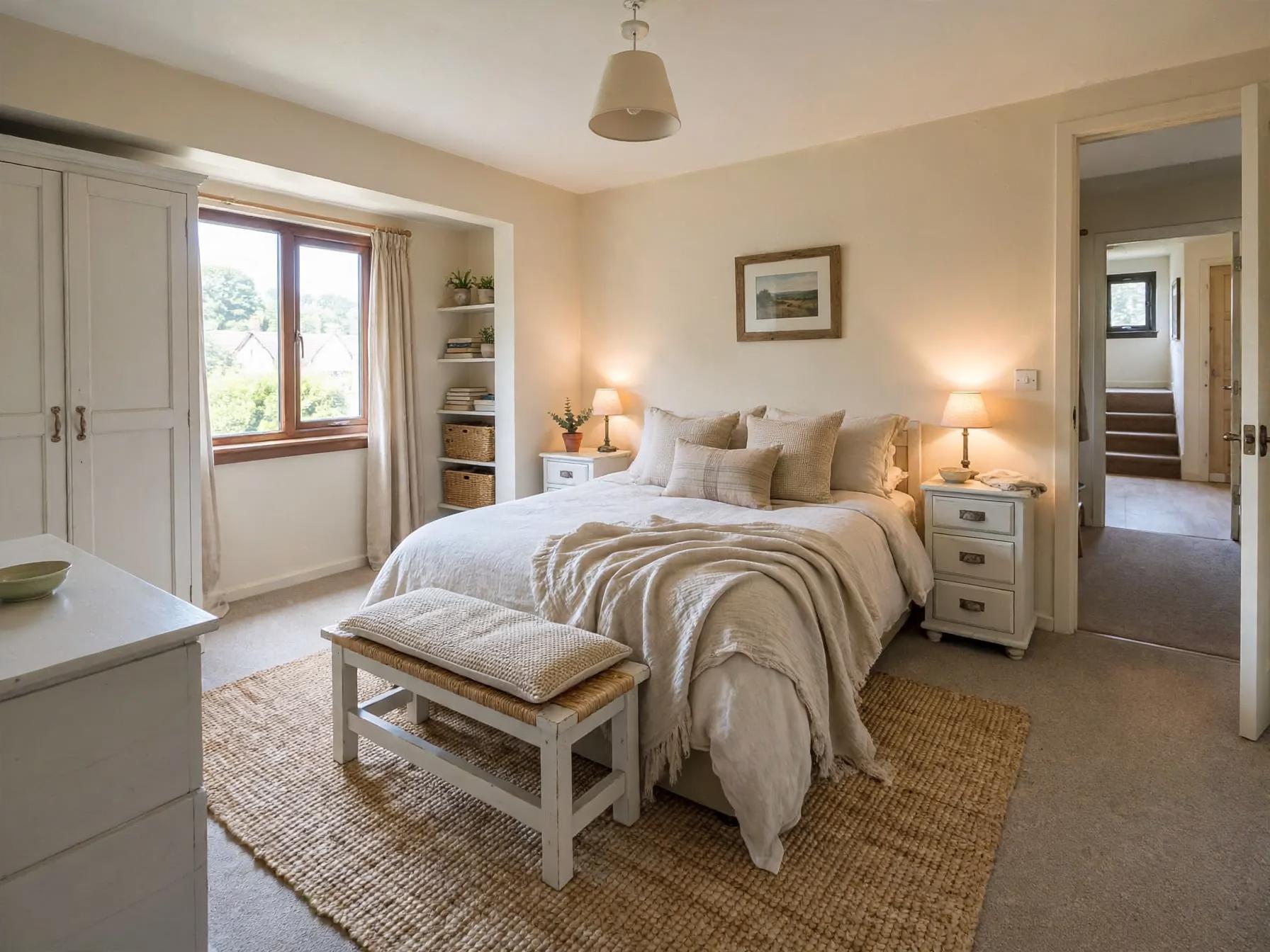 Farmhouse restyle with painted wardrobe, matching bedside tables and lamps, jute rug, bench and layered neutral bedding