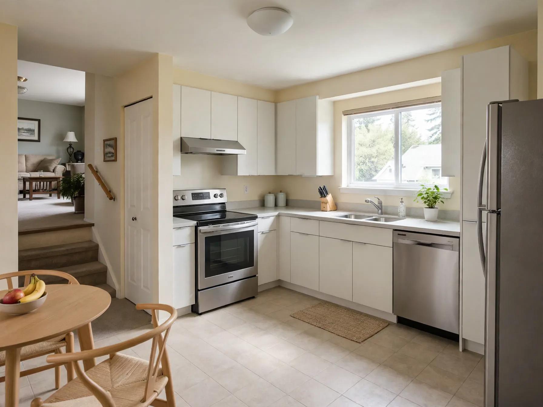 Same L-shaped kitchen reimagined with flat white cabinets, stainless range and fridge, lighter countertop, and the dining table and stair opening retained