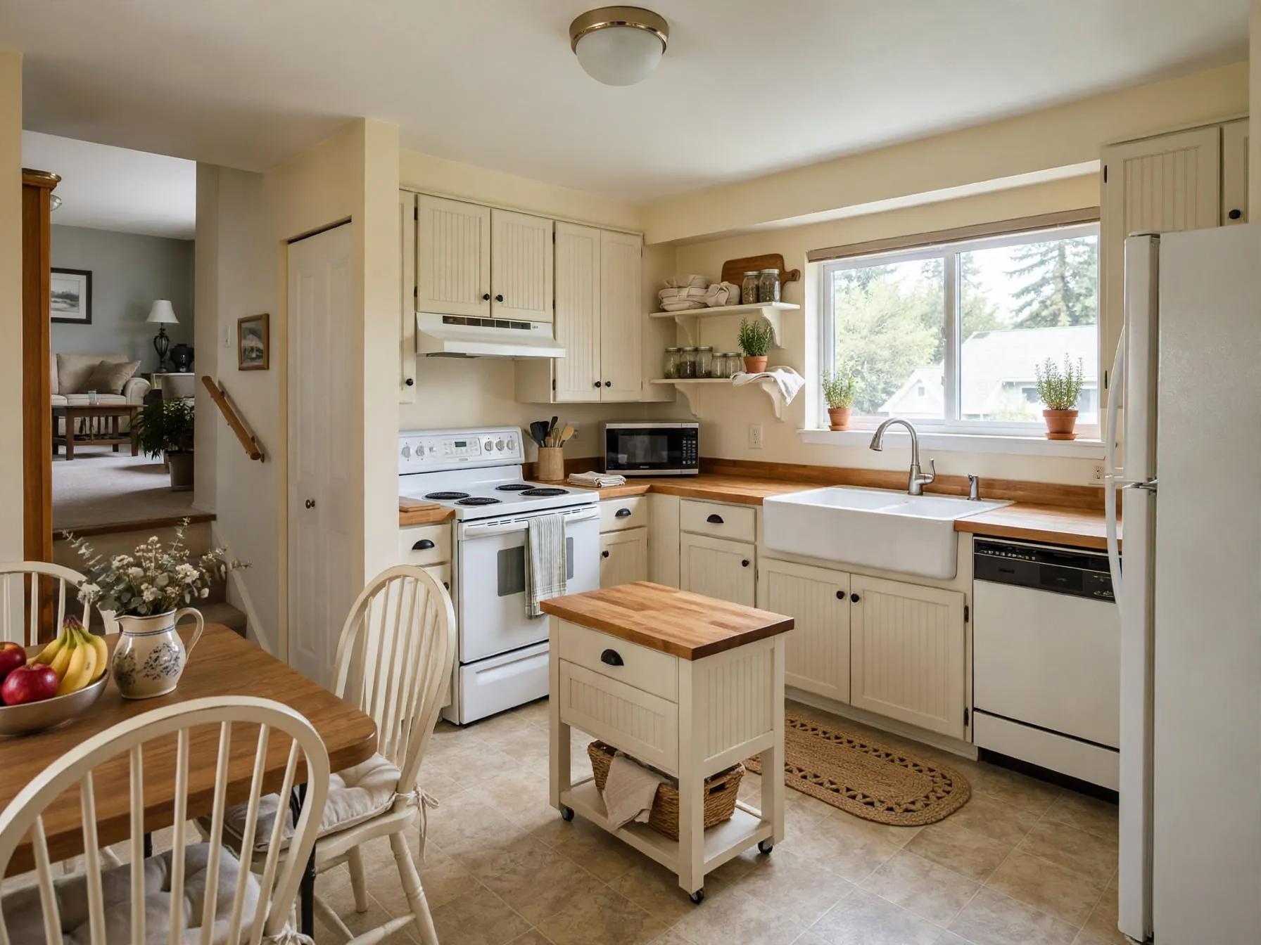 Farmhouse kitchen after AI restyle by Renovaitor: Cream beadboard cabinets and farmhouse sink brighten split-level kitchen