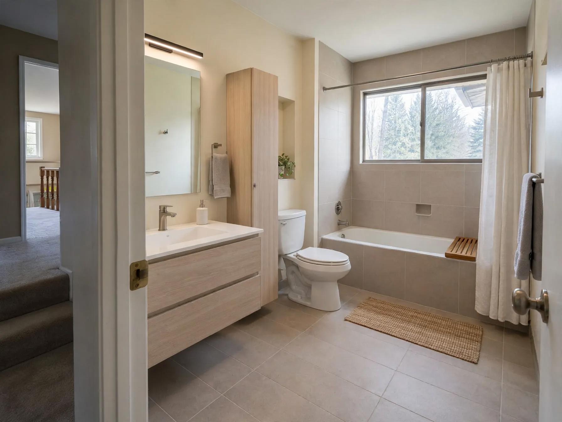 Minimalist bathroom after AI restyle by Renovaitor: Pale tile surround and floating vanity transform a modest split-level bath