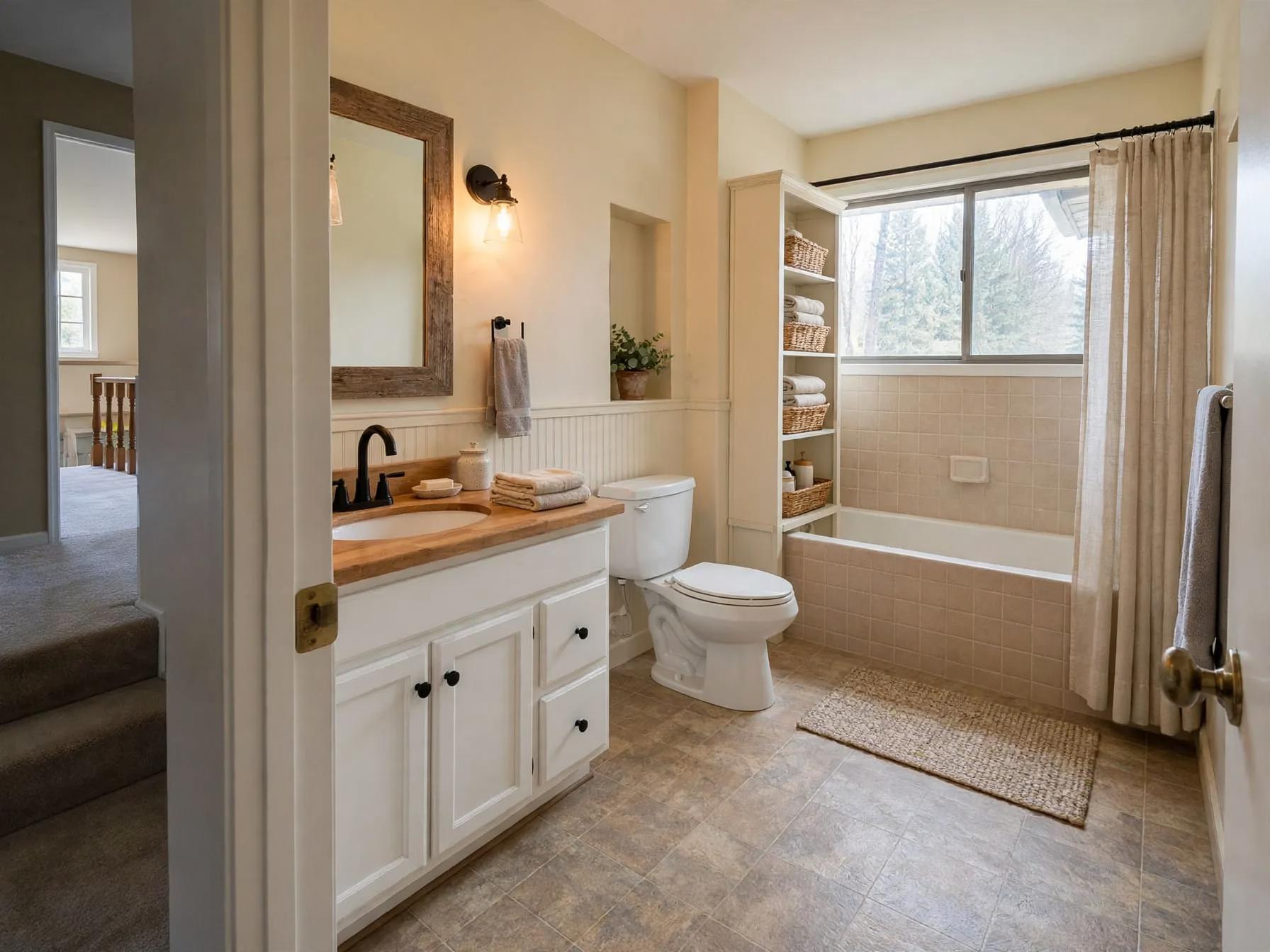 Farmhouse bathroom after AI restyle by Renovaitor: Reclaimed wood mirror and open shelving transform a modest bath
