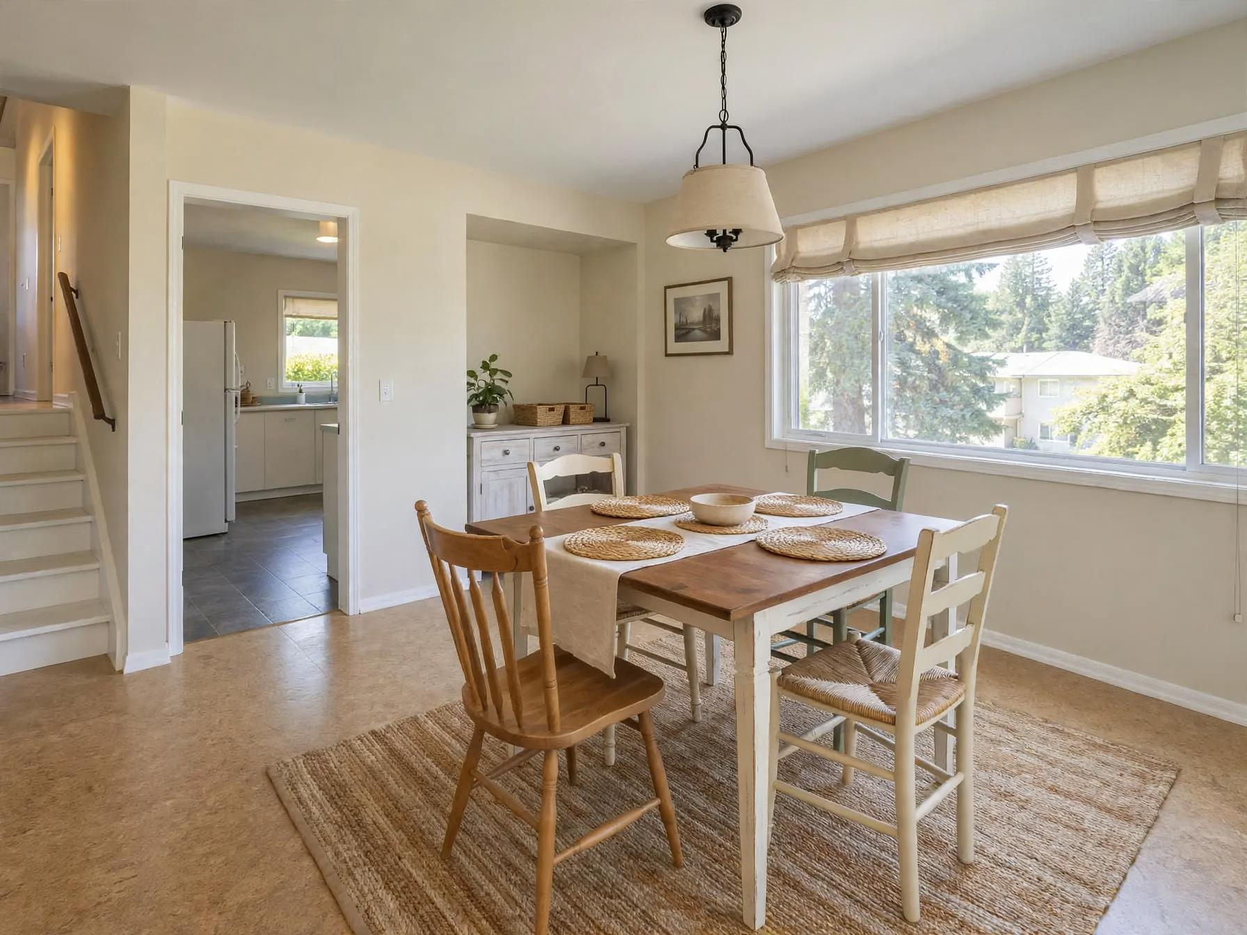 Farmhouse dining room after AI restyle by Renovaitor: Large sunlit window framed by rustic farmhouse dining setup