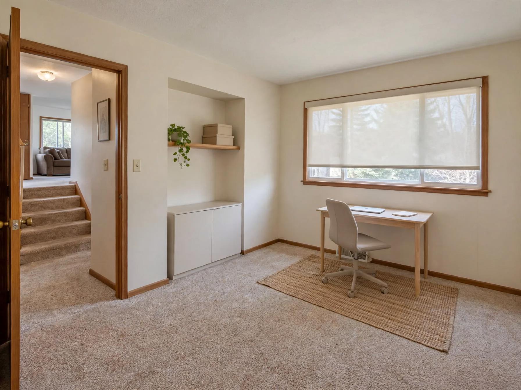 Minimalist home office with low white cabinet in recessed niche, single wood shelf, pale wood desk by window with roller shade and jute rug.