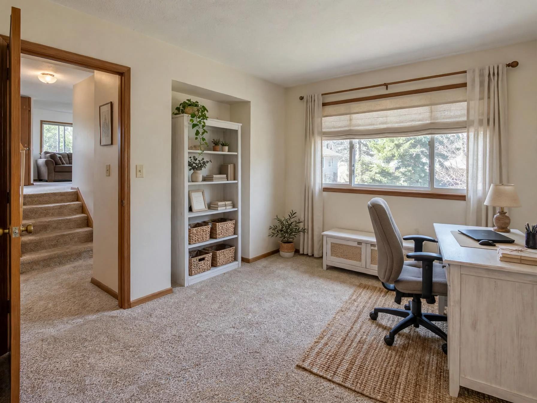 Farmhouse home office after AI restyle by Renovaitor: Large Window with Woodland View Anchors Cozy Farmhouse Home Office