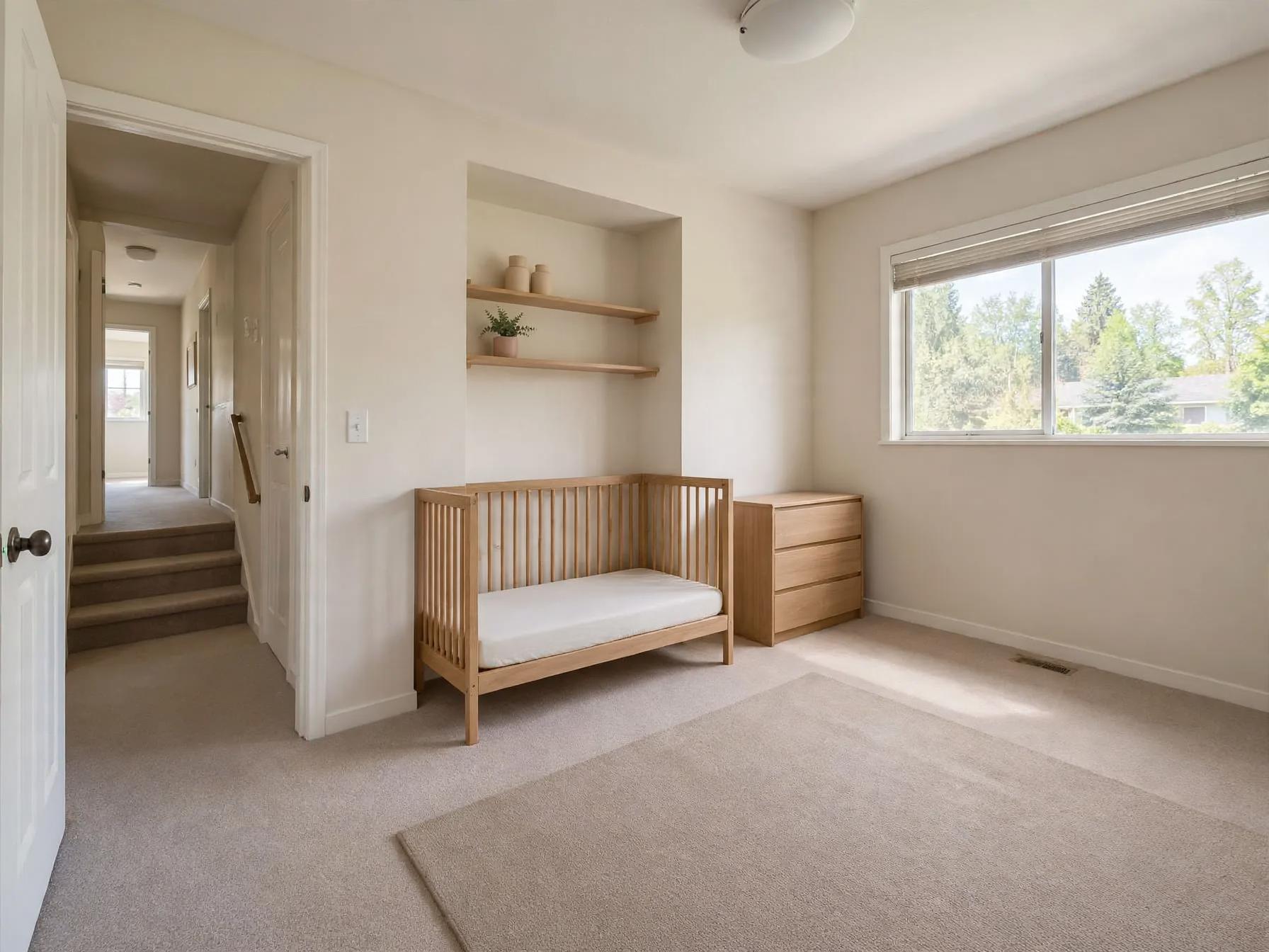 Same nursery with a low-profile daybed-style crib, tone-on-tone rug, simplified shelves with vases and small plant, flatter ceiling light