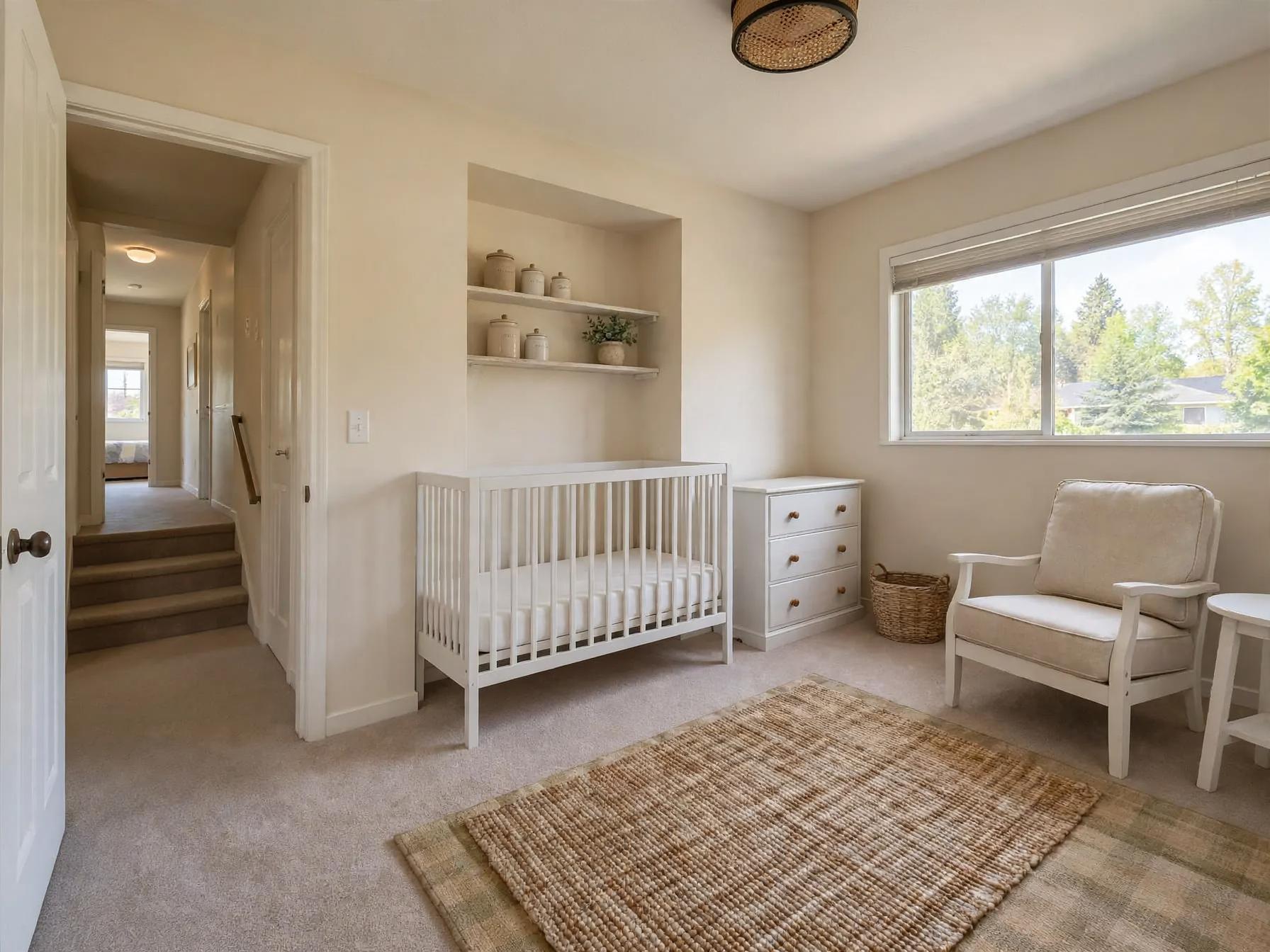 Farmhouse nursery after AI restyle by Renovaitor: Neutral farmhouse nursery with natural textures and cozy seating
