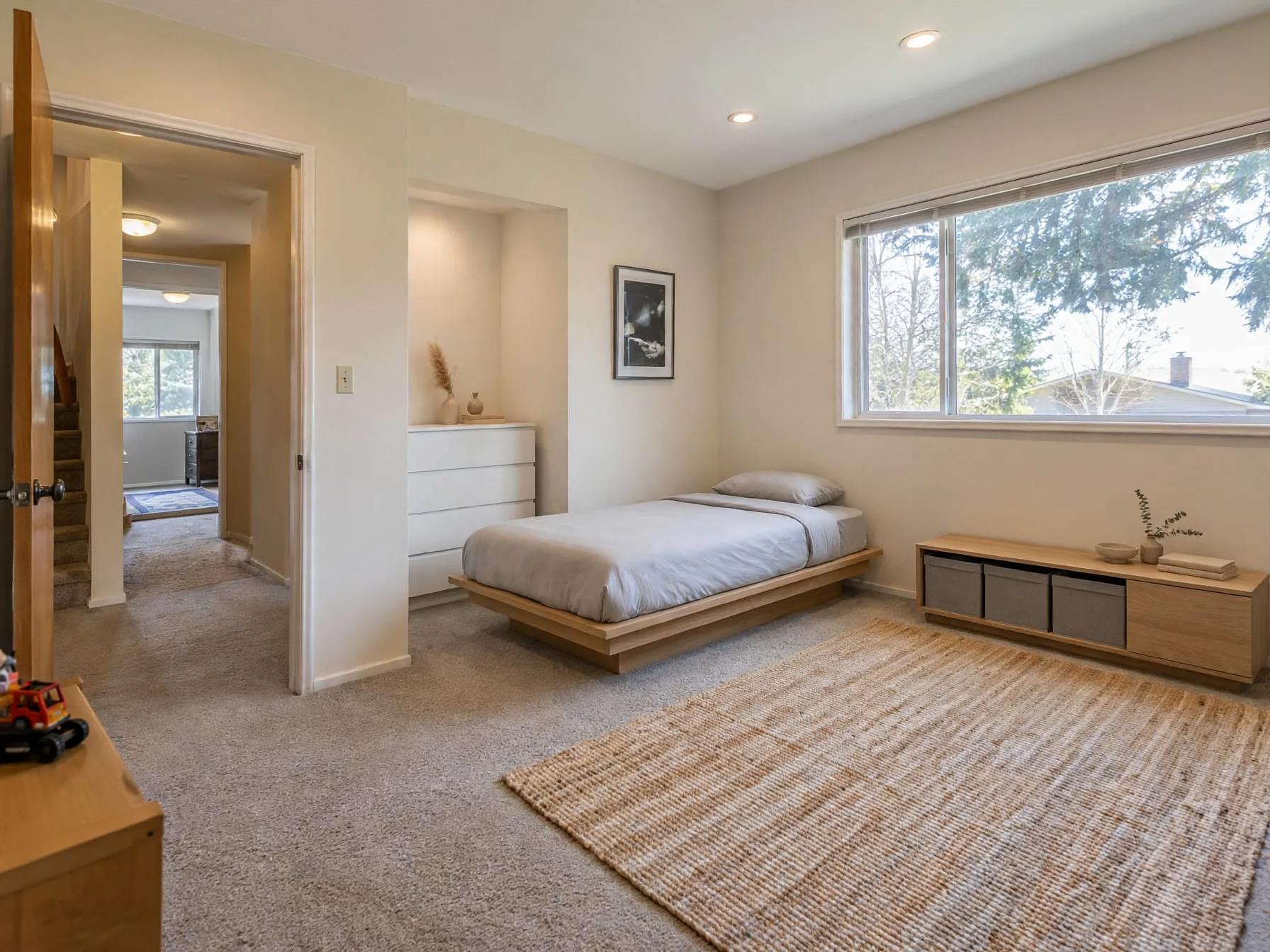 Minimalist kids room with low platform bed, white chest in alcove, braided jute rug and low storage bench under window