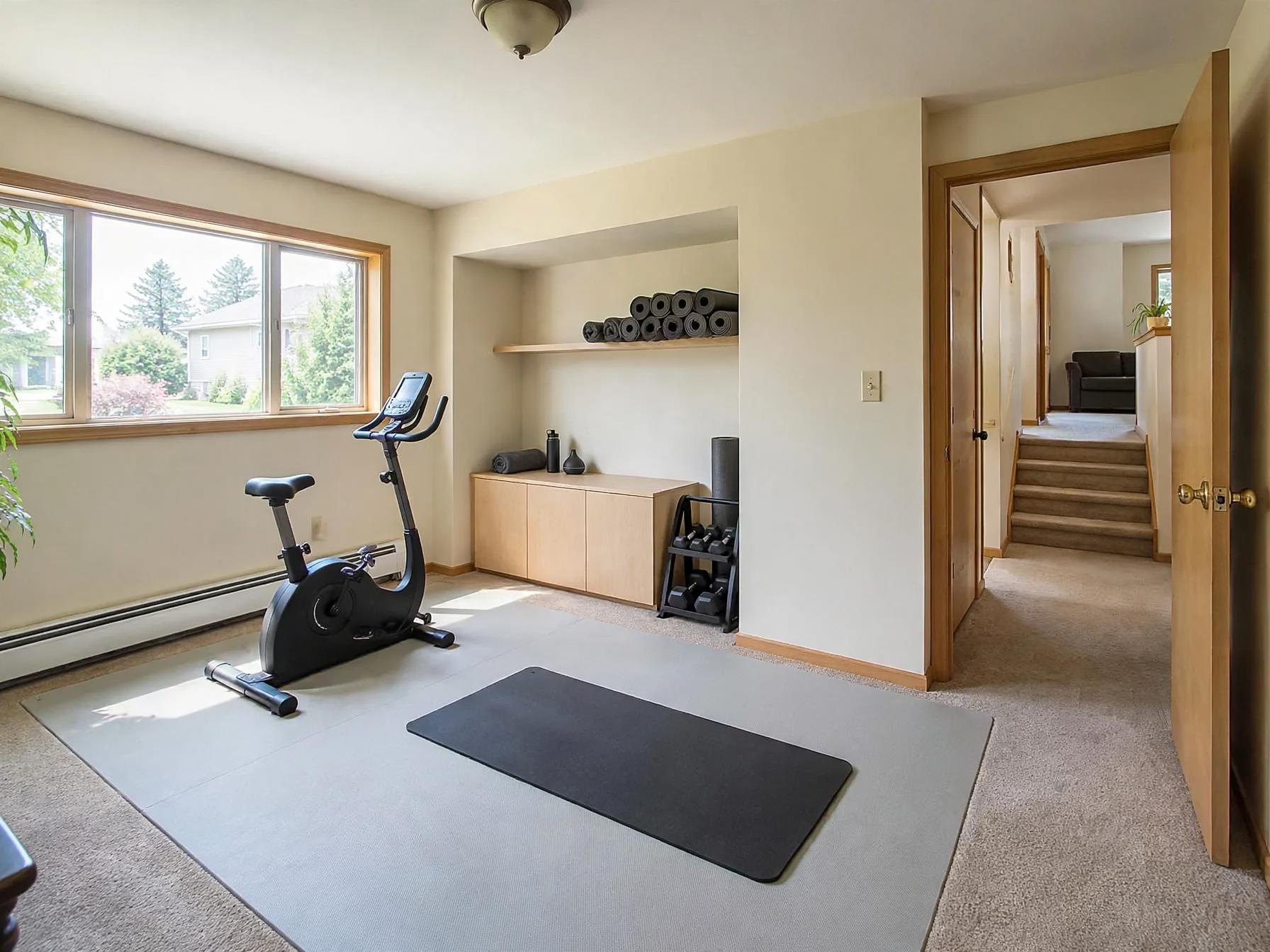 Minimalist home gym after AI restyle by Renovaitor: Large windowed home-gym with recessed storage turned tidy