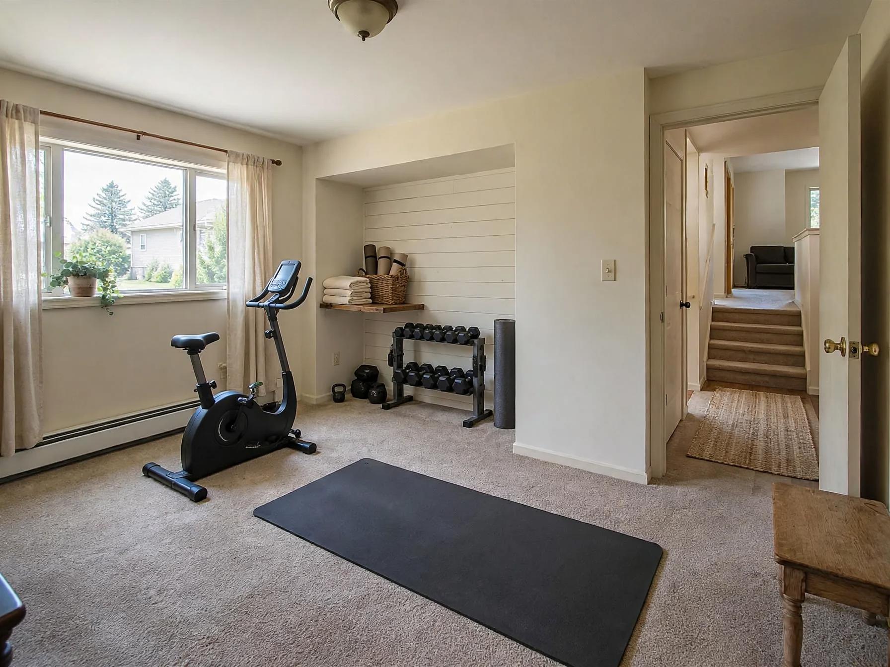 Farmhouse home gym after AI restyle by Renovaitor: Large window with garden view anchors farmhouse home gym restyle