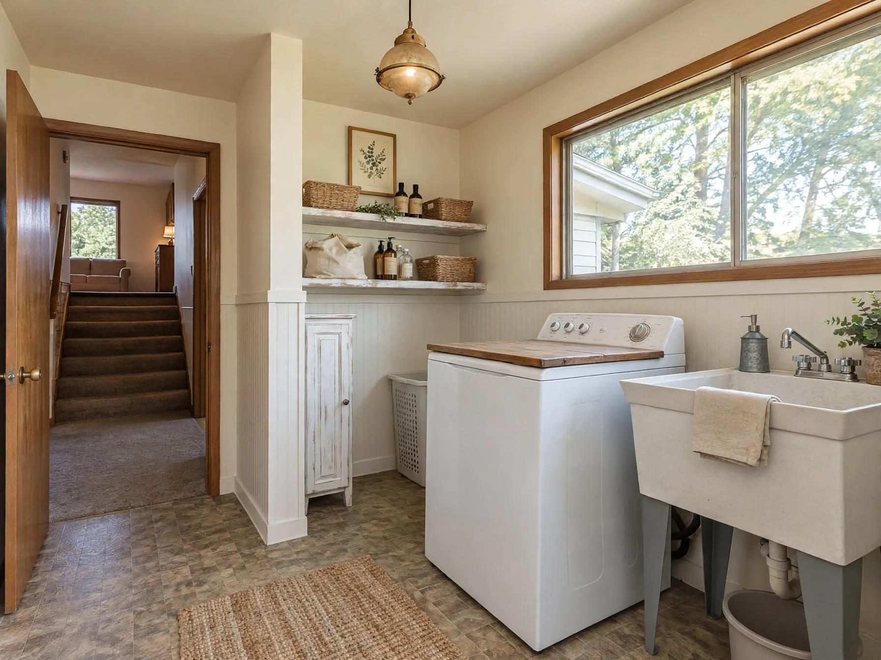 Farmhouse laundry room after AI restyle by Renovaitor: Beadboard wainscoting and farmhouse shelving brighten the laundry room